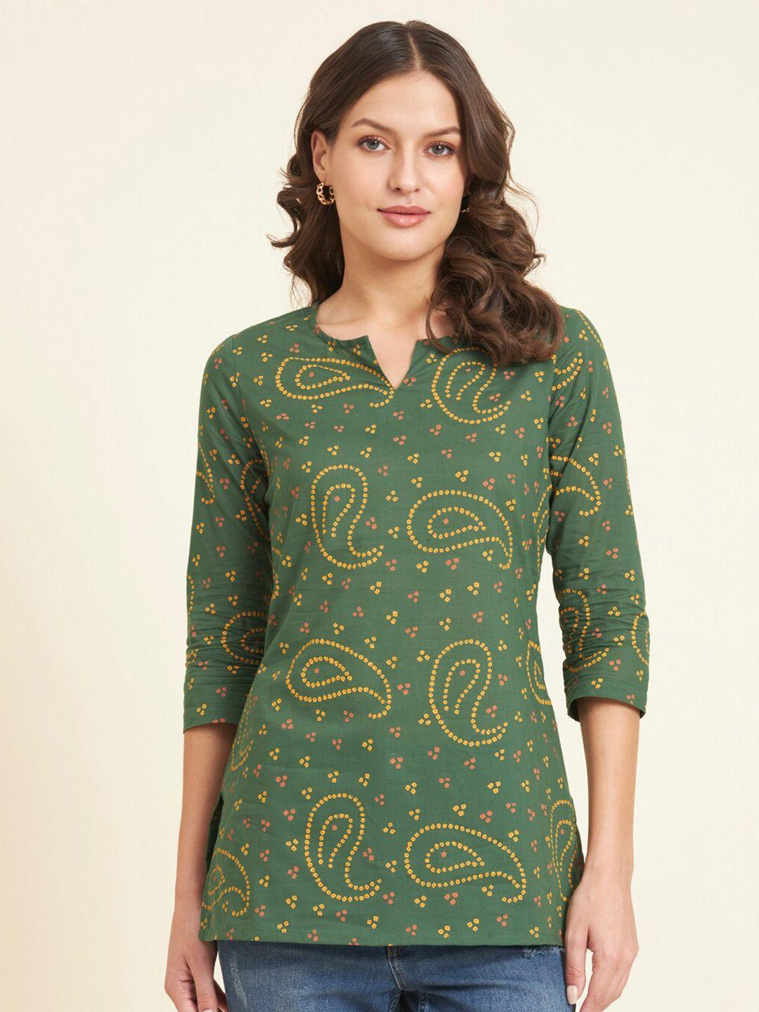 here&now green paisley printed pure cotton straight kurti