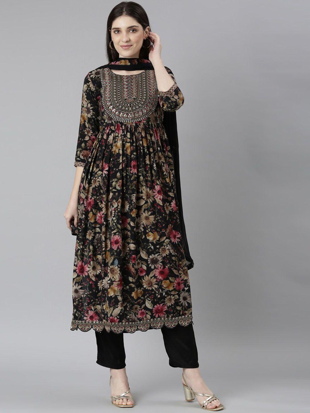 neerus floral printed anarkali thread work kurta with trousers & dupatta