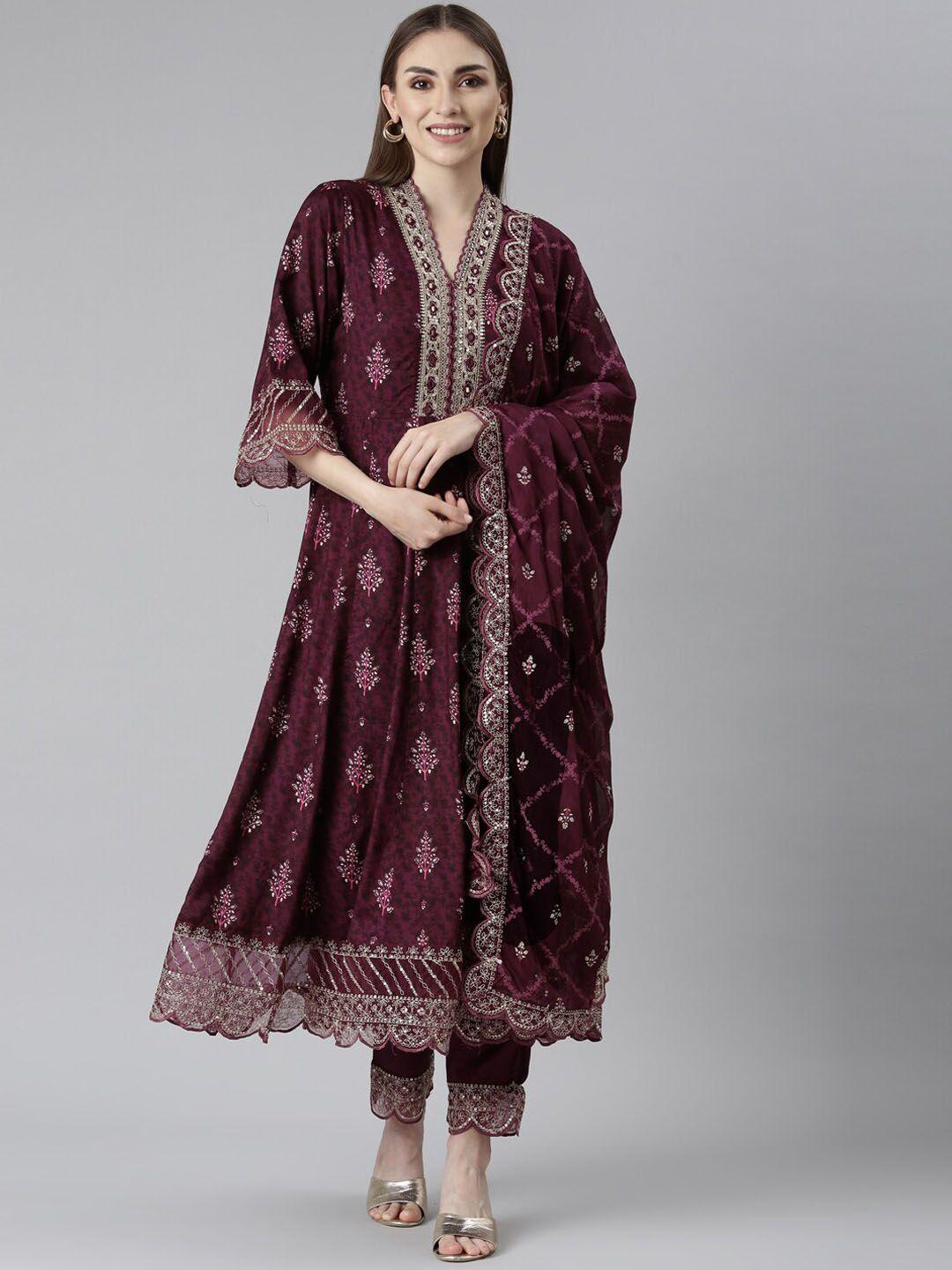 neerus ethnic motifs printed thread work anarkali kurta & trousers with dupatta