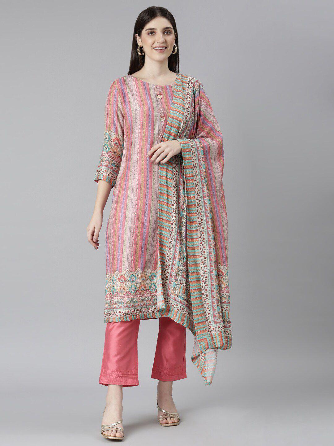 neerus striped straight kurta with trousers & dupatta