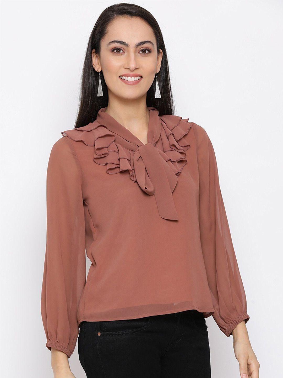 baesd tie-up neck cuffed sleeves ruffles detail georgette top