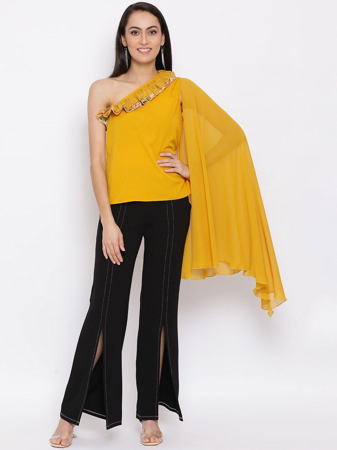 baesd one shoulder ruffles slit sleeves top