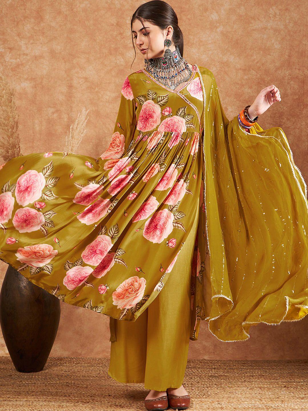 sangria mustrad & pink floral printed pure silk kurta with palazzo & dupatta