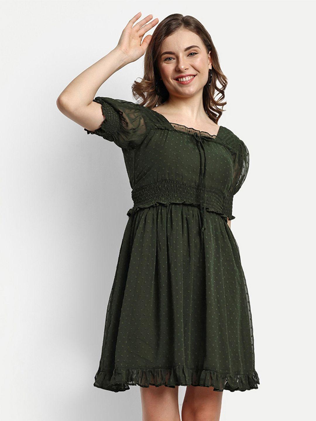 fery london self design square neck puff sleeve gathered fit & flare dress