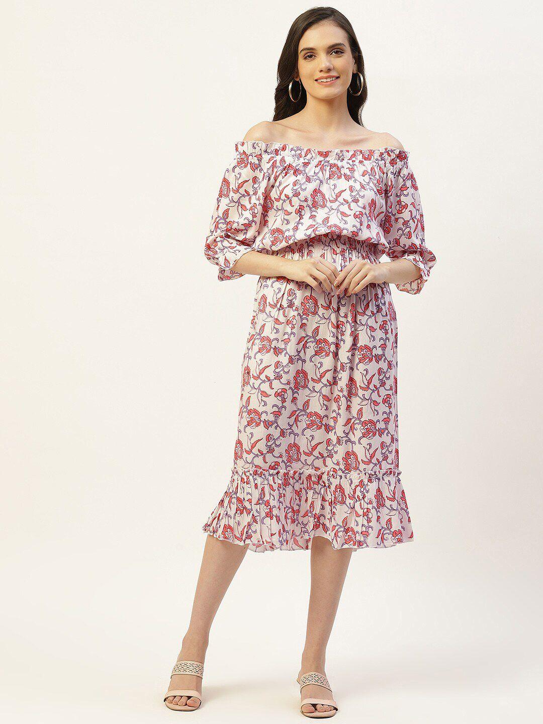 baesd floral printed cuffed sleeves smocked georgette a-line midi dress