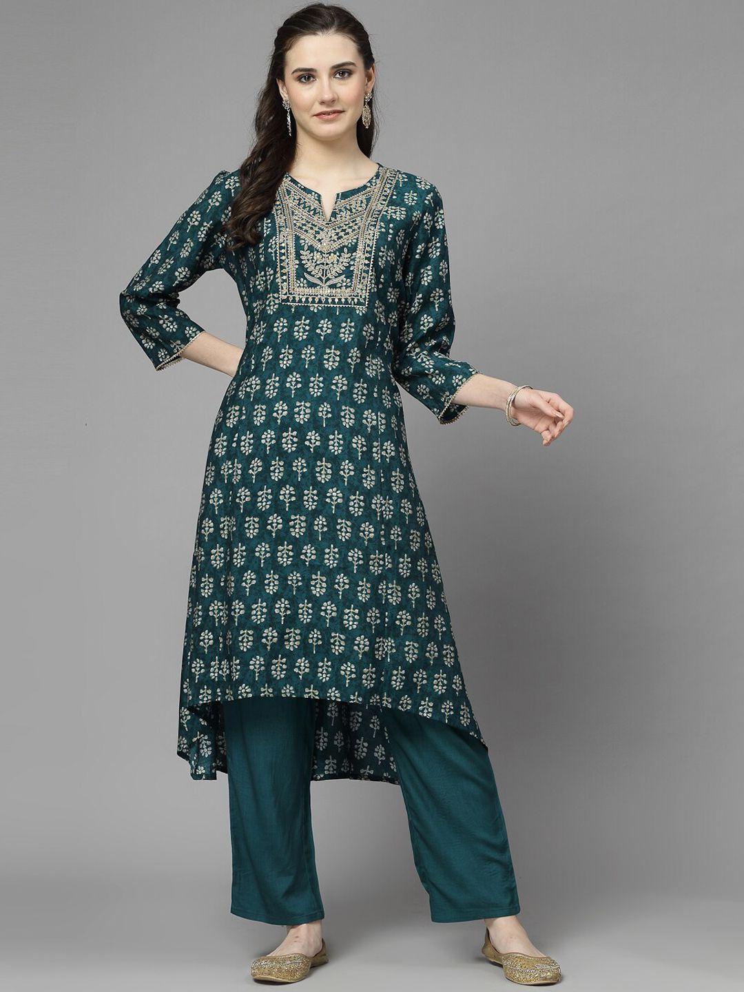 nayam by lakshita ethnic motifs printed sequinned chanderi cotton a-line kurta set