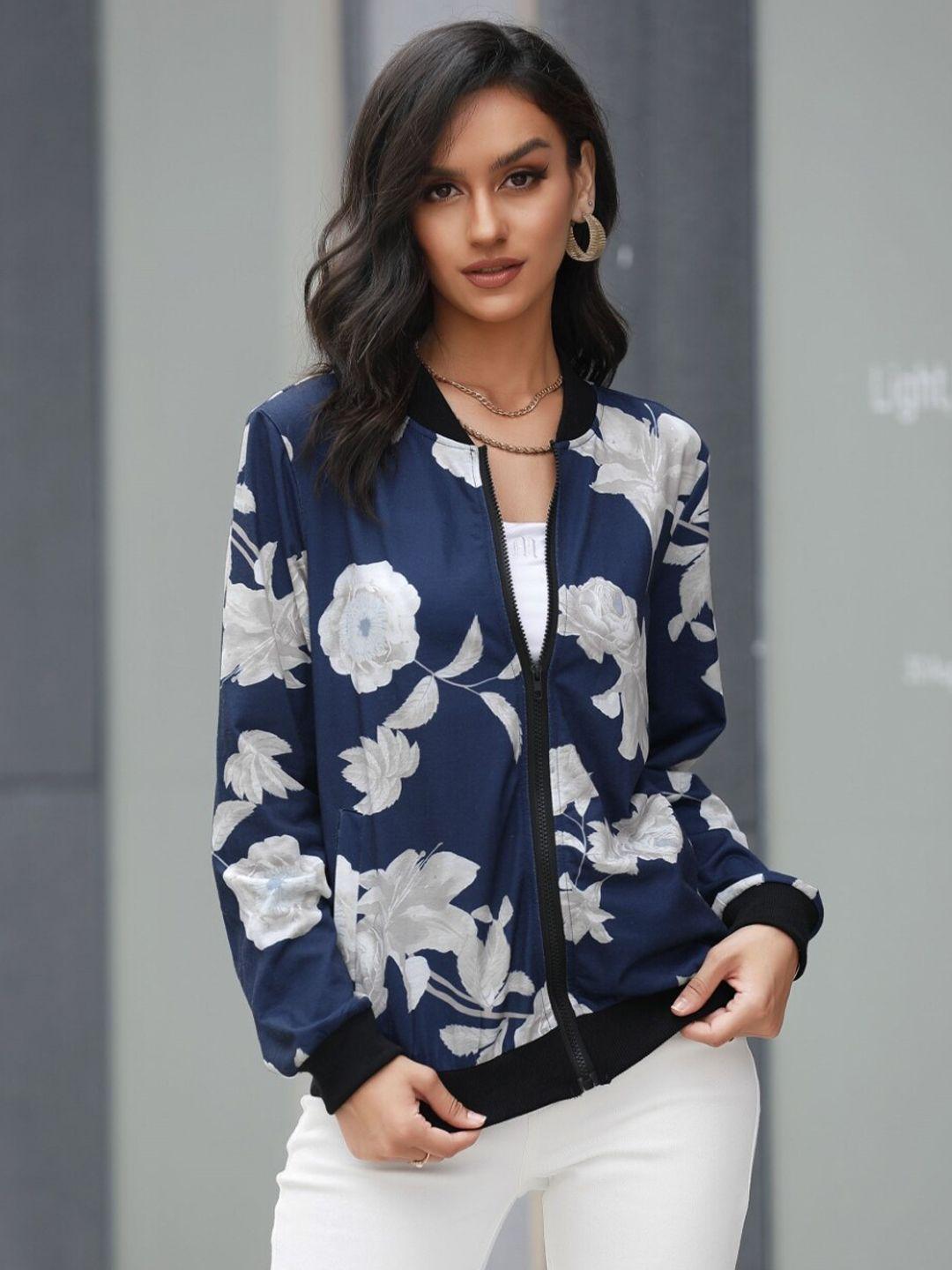 stylecast navy blue floral printed mandarin collar bomber jacket