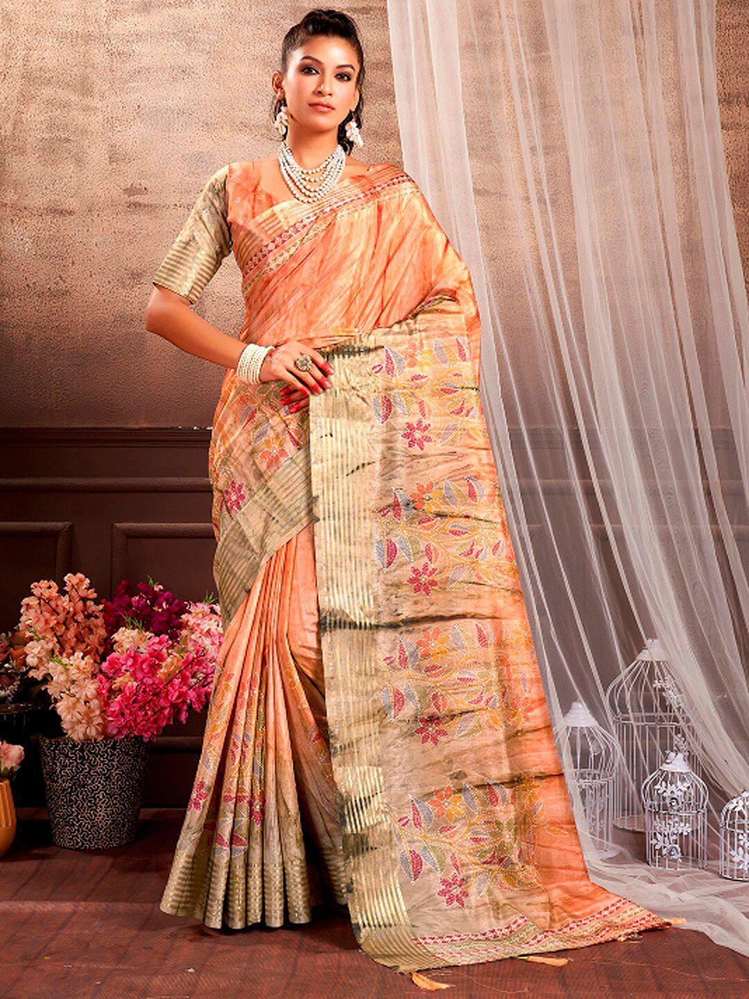 mitera peach-coloured abstract printed bagru saree