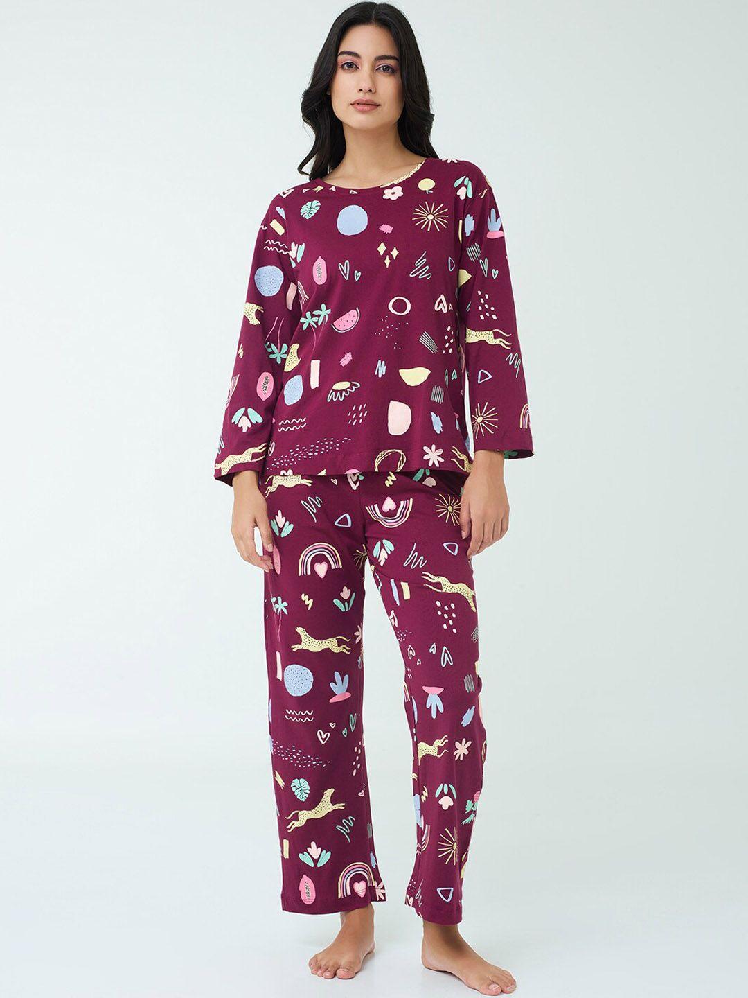 i like me red printed round neck pure cotton night suit