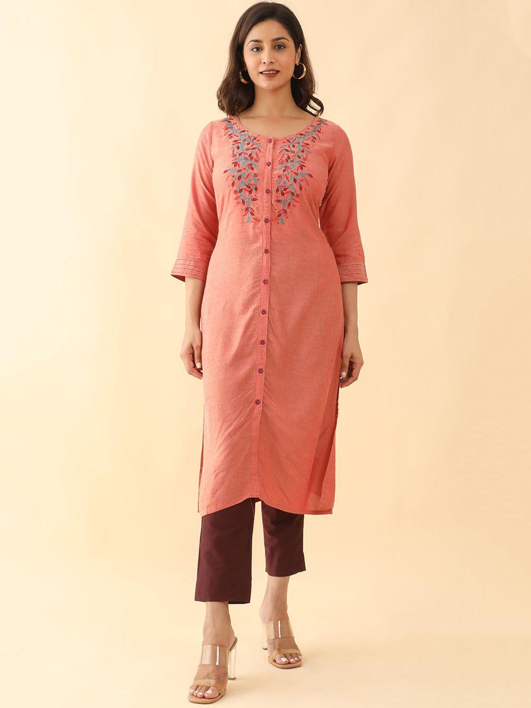 maybell floral embroidered round neck three-quarter sleeve thread work kurta