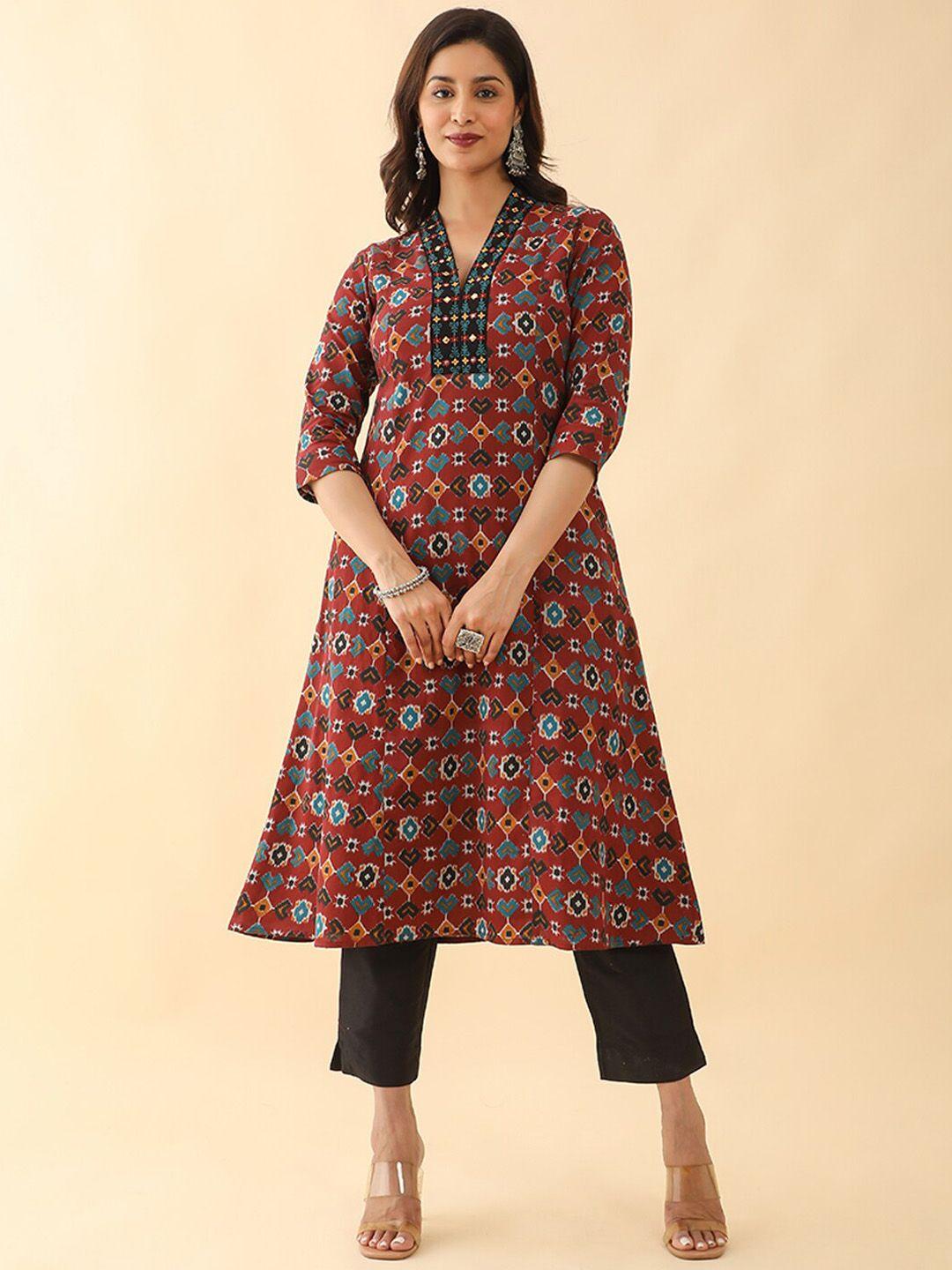 maybell geometric printed thread work detailed pure cotton a-line kurta