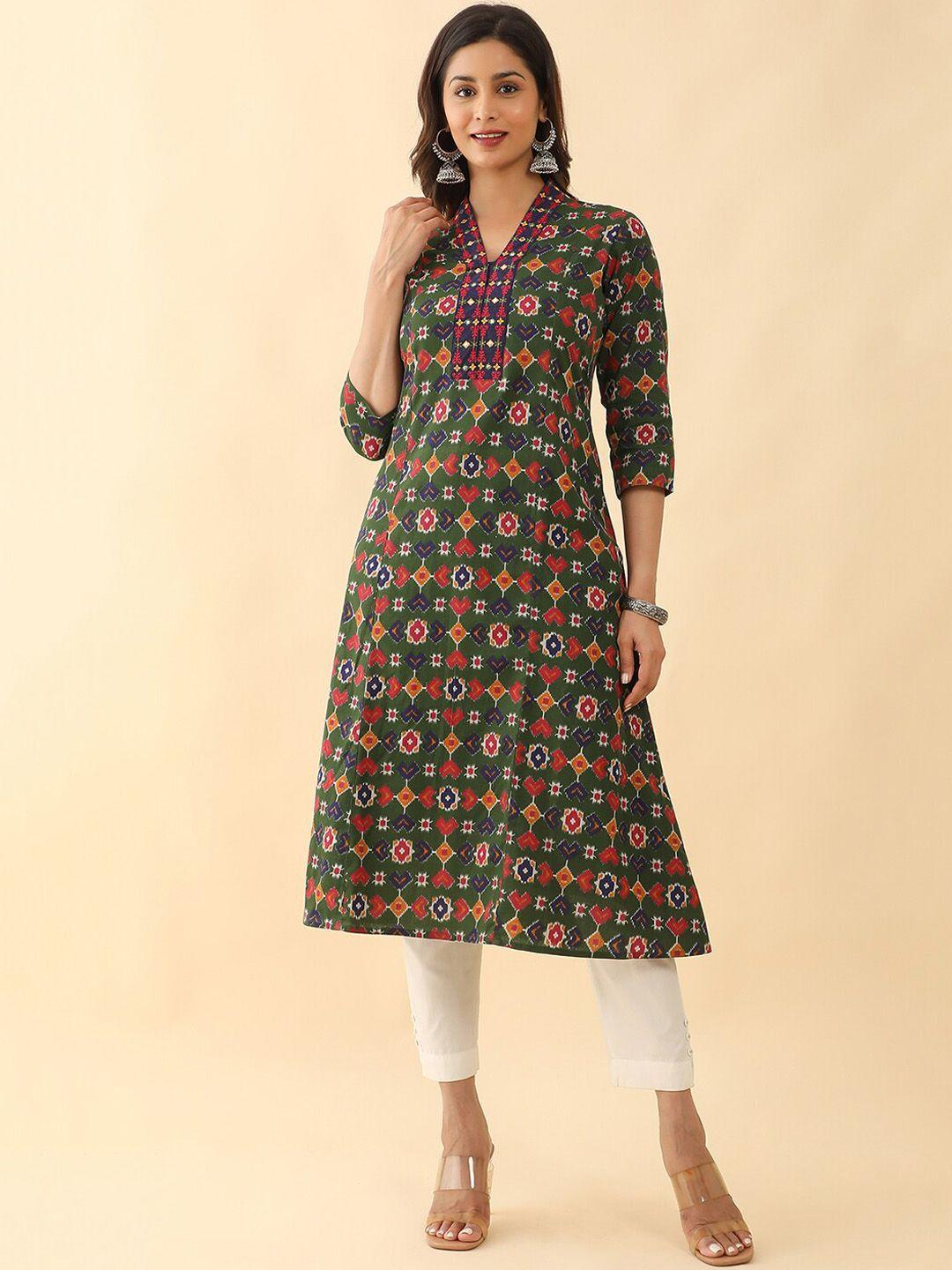 maybell geometric printed thread work detailed pure cotton a-line kurta