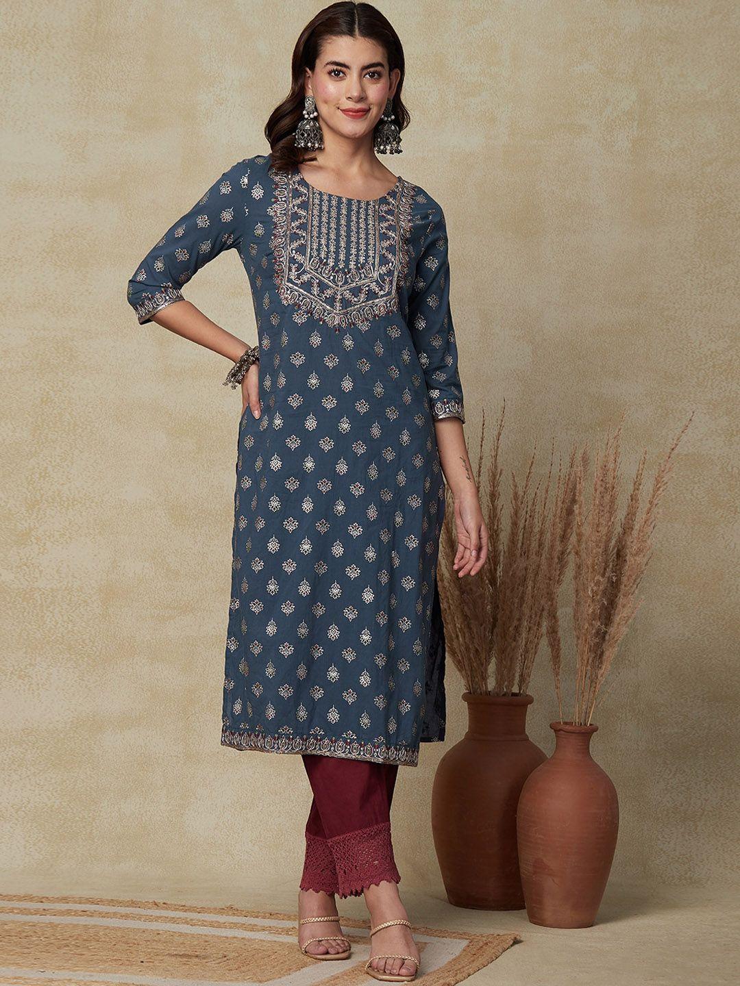 fashor ethnic motifs printed sequinned cotton kurta