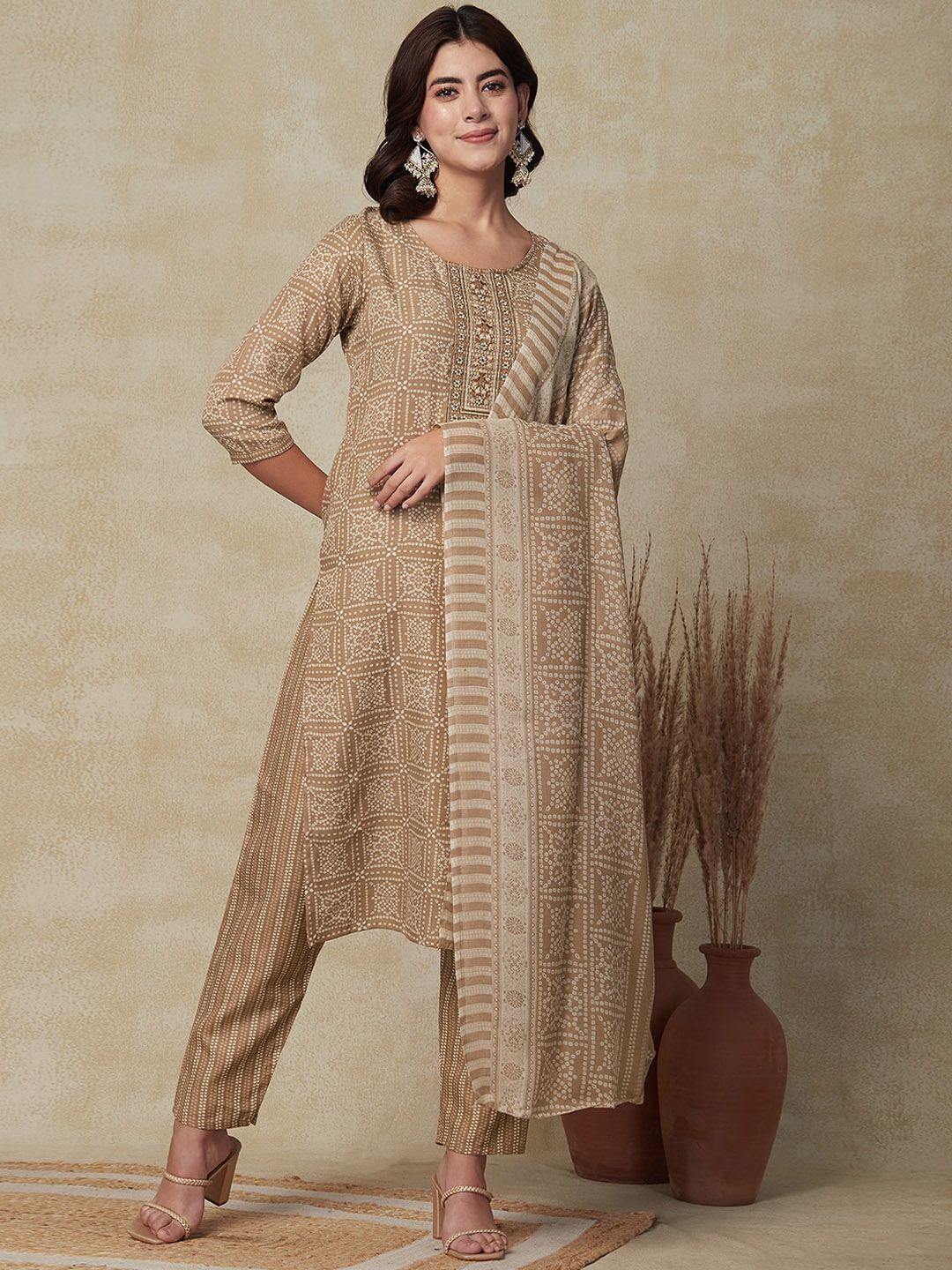 fashor bandhani ethnic motifs printed regular kurta with trousers & with dupatta