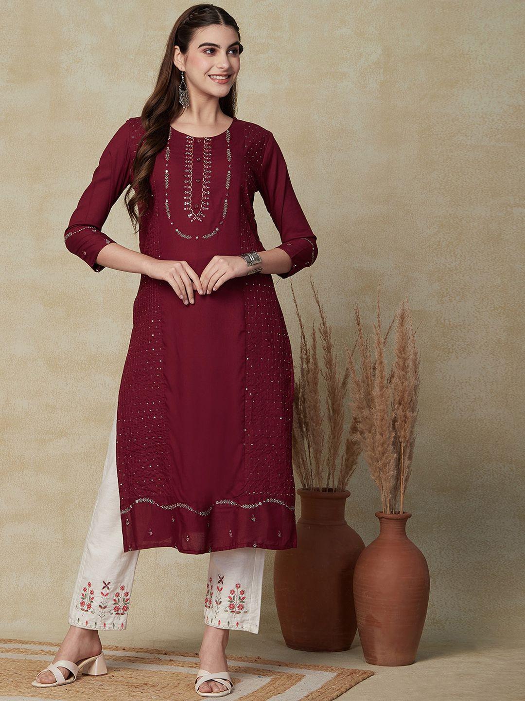 fashor floral embroidered sequinned straight kurta