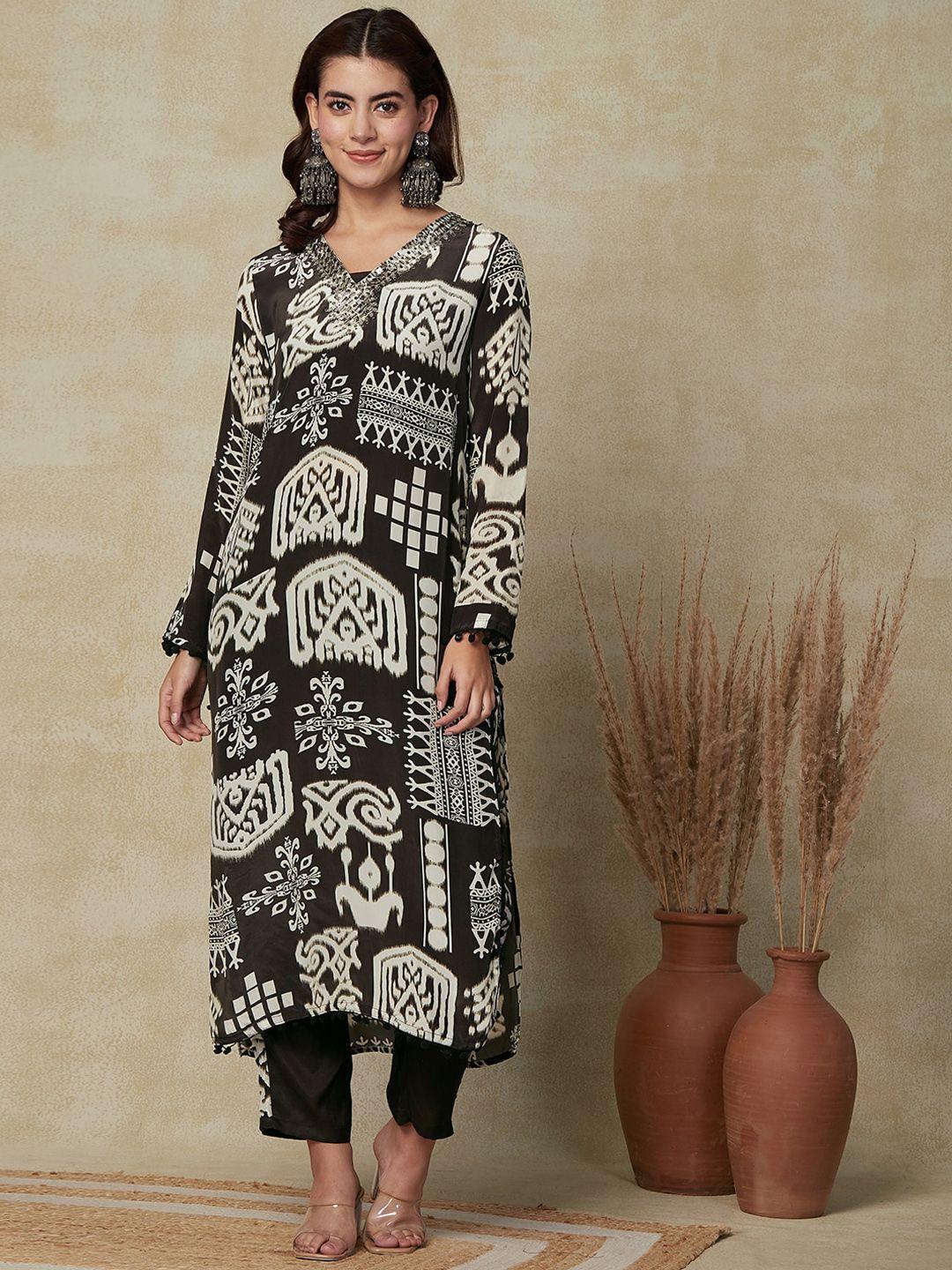 fashor tribal printed v-neck sequinned straight kurta with trousers