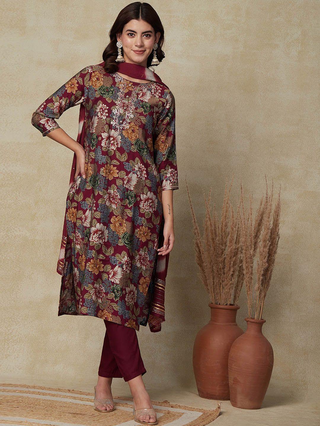 fashor floral printed straight kurta with trousers & dupatta