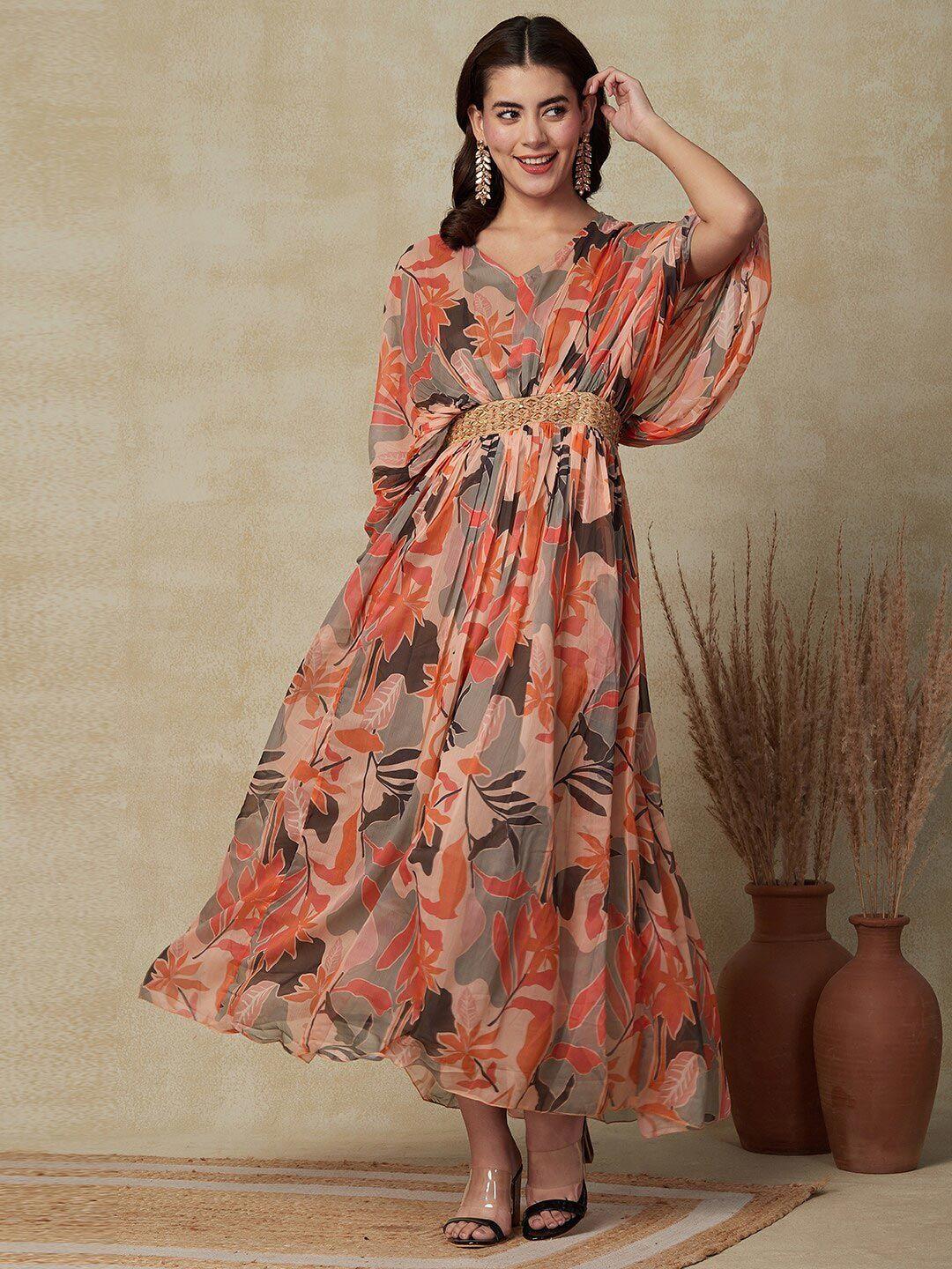 fashor printed v-neck kimono sleeves sequined gathered chiffon fit & flare maxi dress