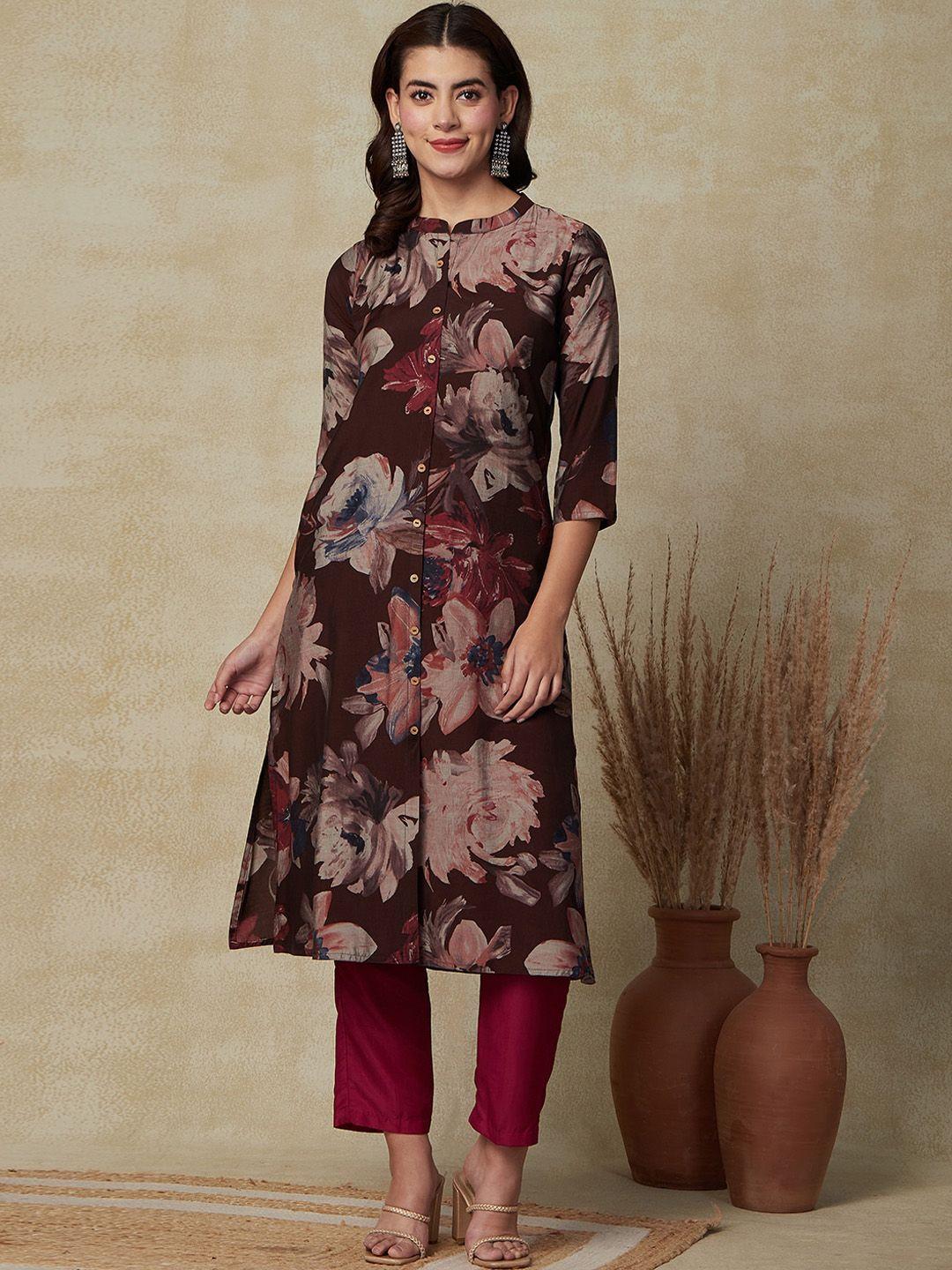 fashor floral printed mandarin collar a-line kurta