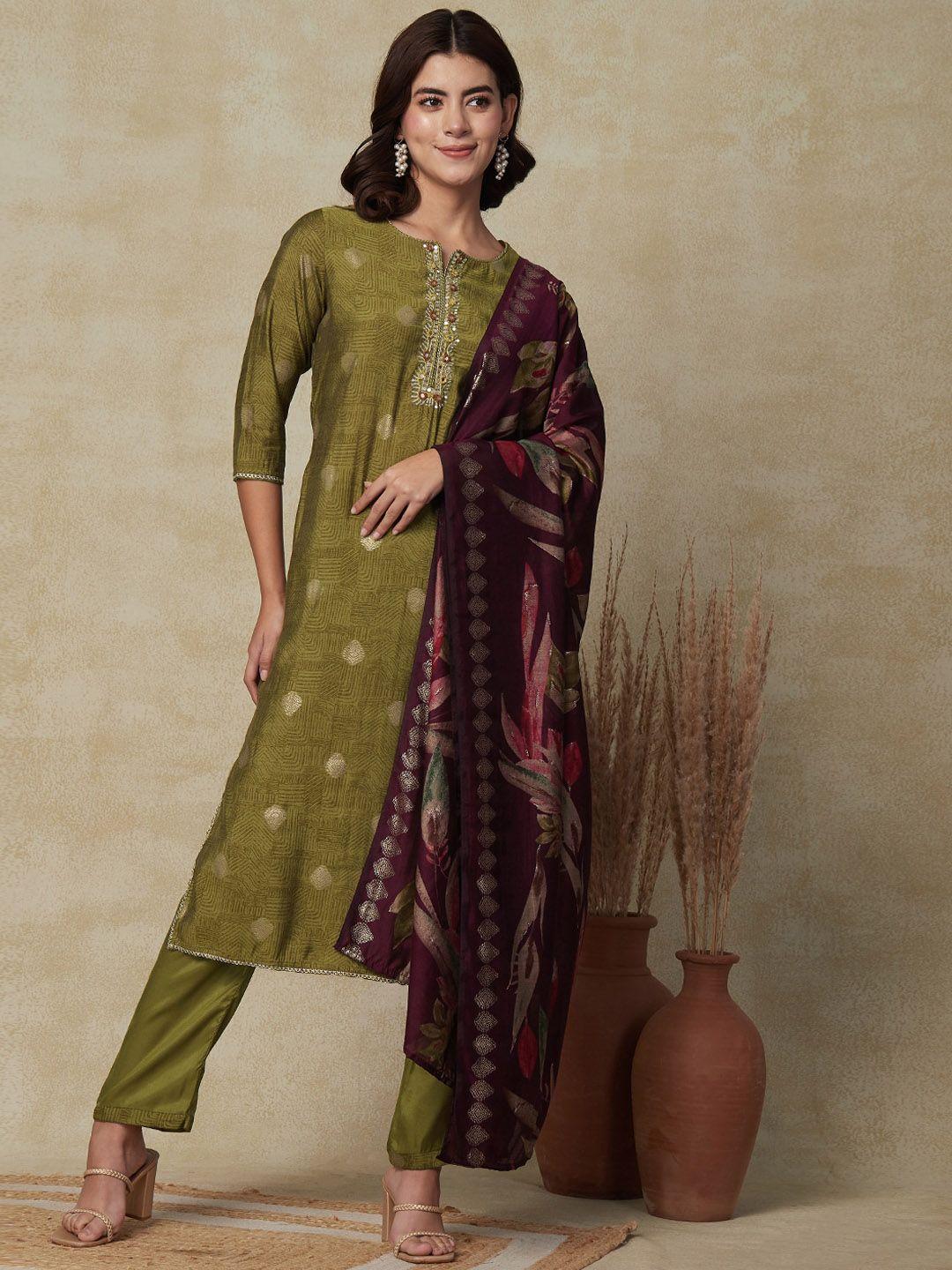 fashor women olive green printed regular mirror work kurta with trousers & with dupatta