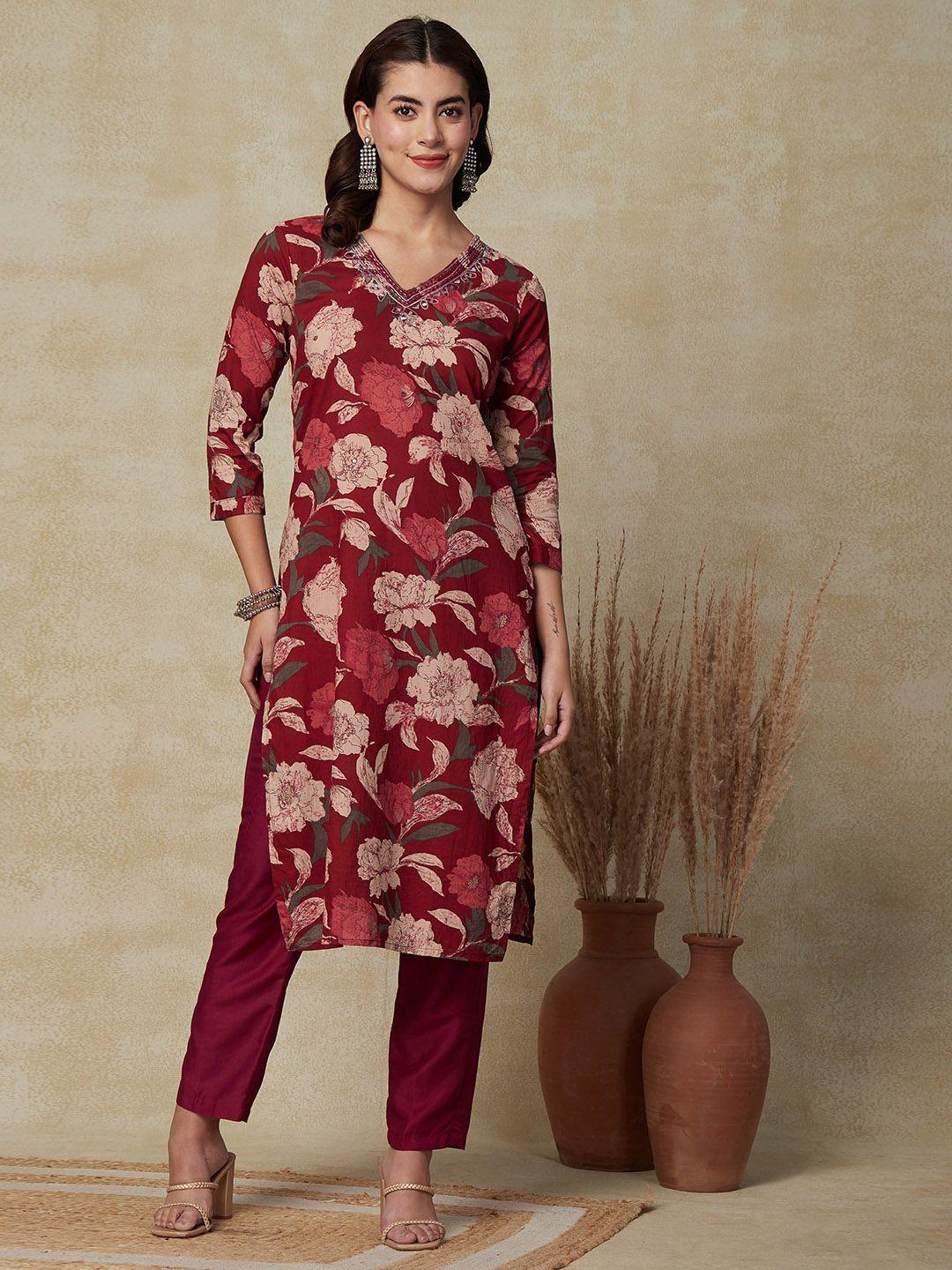 fashor floral printed mirror work cotton straight kurta