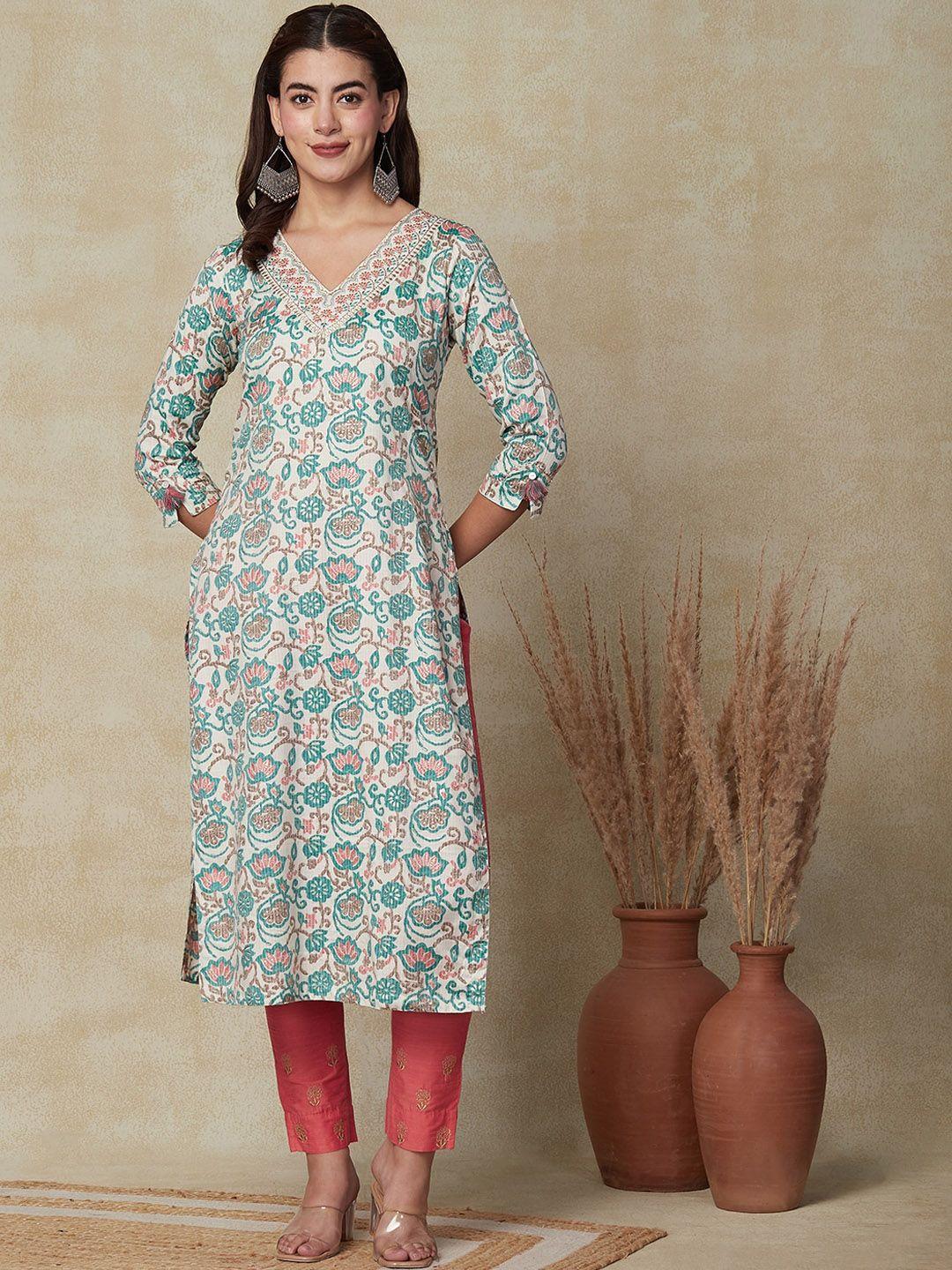 fashor floral printed thread work straight kurta