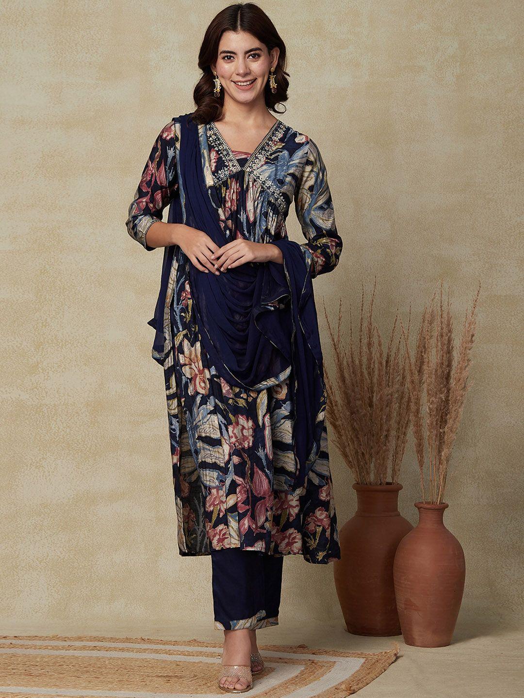 fashor floral printed pleated beads and stones kurta with trousers & dupatta