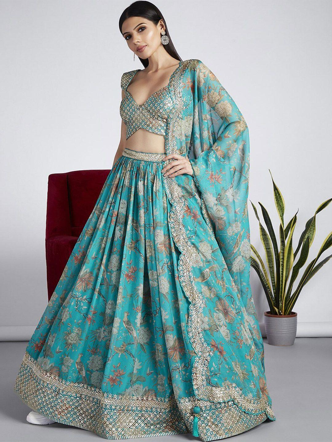 panchhi floral printed organza semi-stitched lehenga & unstitched blouse with dupatta