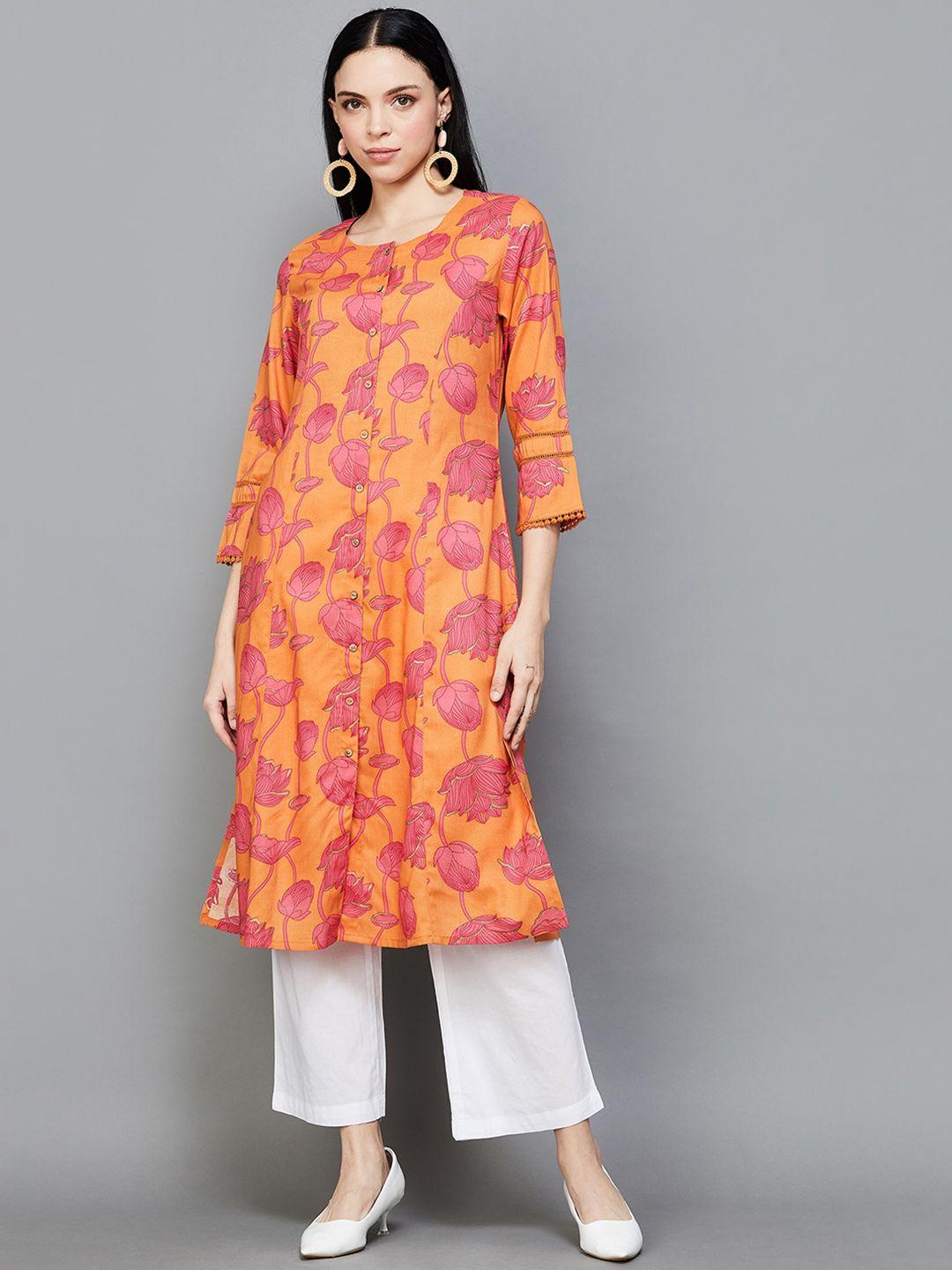 melange by lifestyle floral printed band collar straight kurta