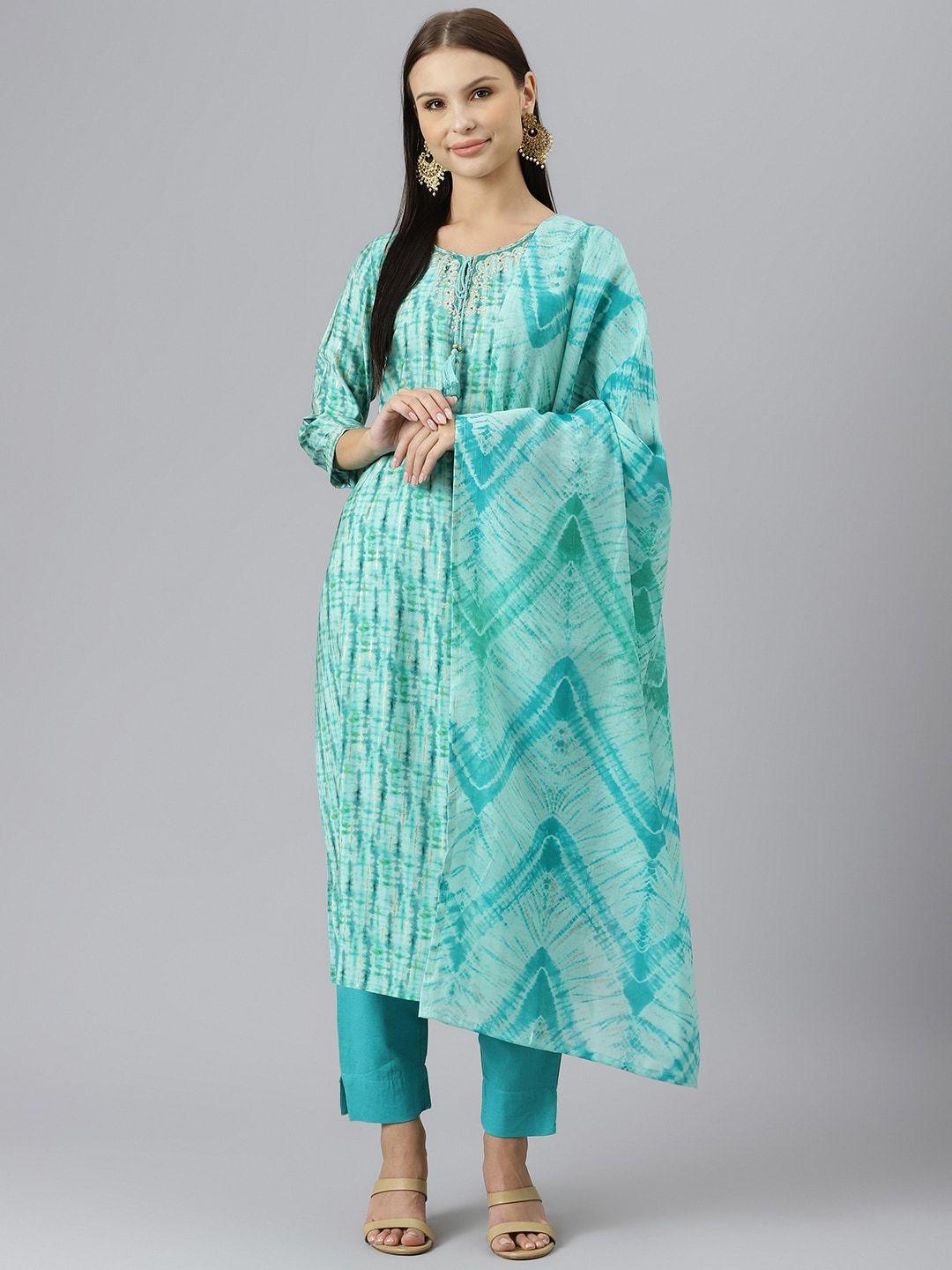 kalini tie & dyed tie-up neck thread work kurta with trousers & dupatta