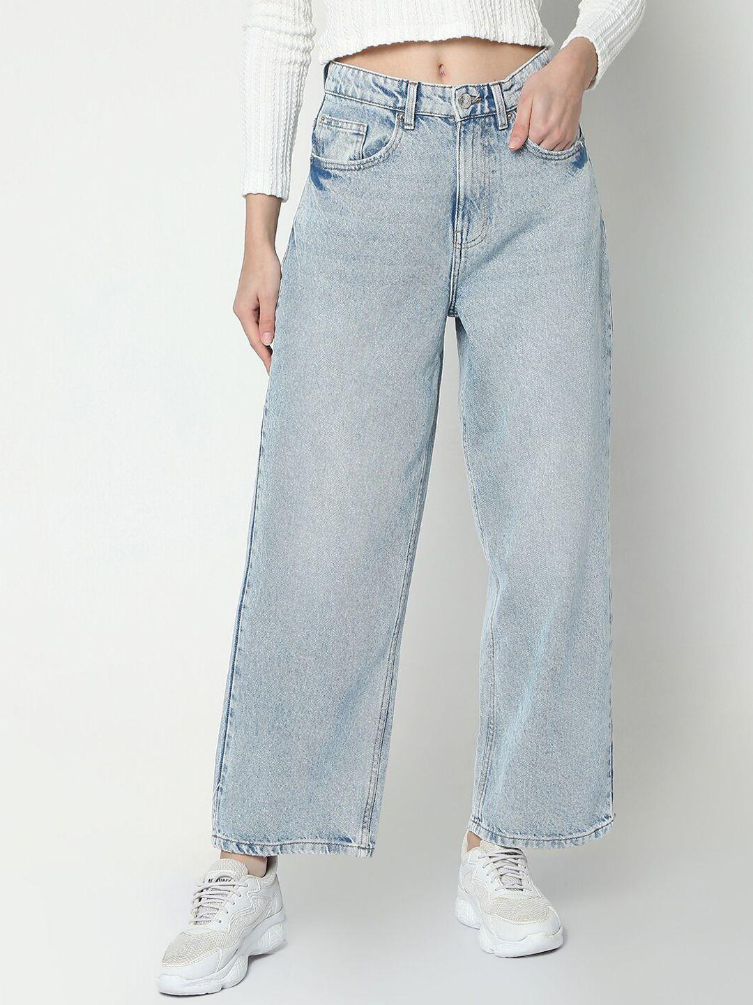 r&b women clean look wide leg high-rise cotton jeans