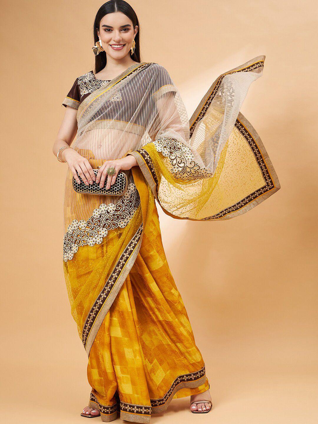 all about you mustard & beige ethnic motifs embroidered pure georgette saree