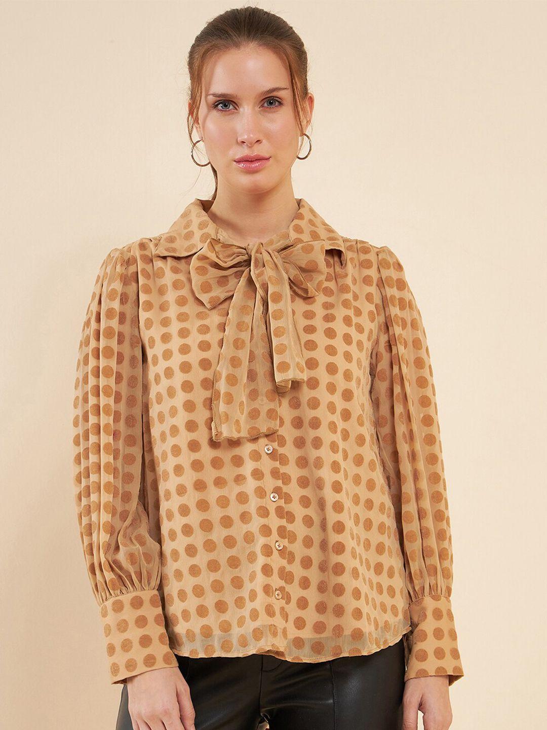 antheaa beige comfort fit polka dots printed puff sleeves chiffon shirt