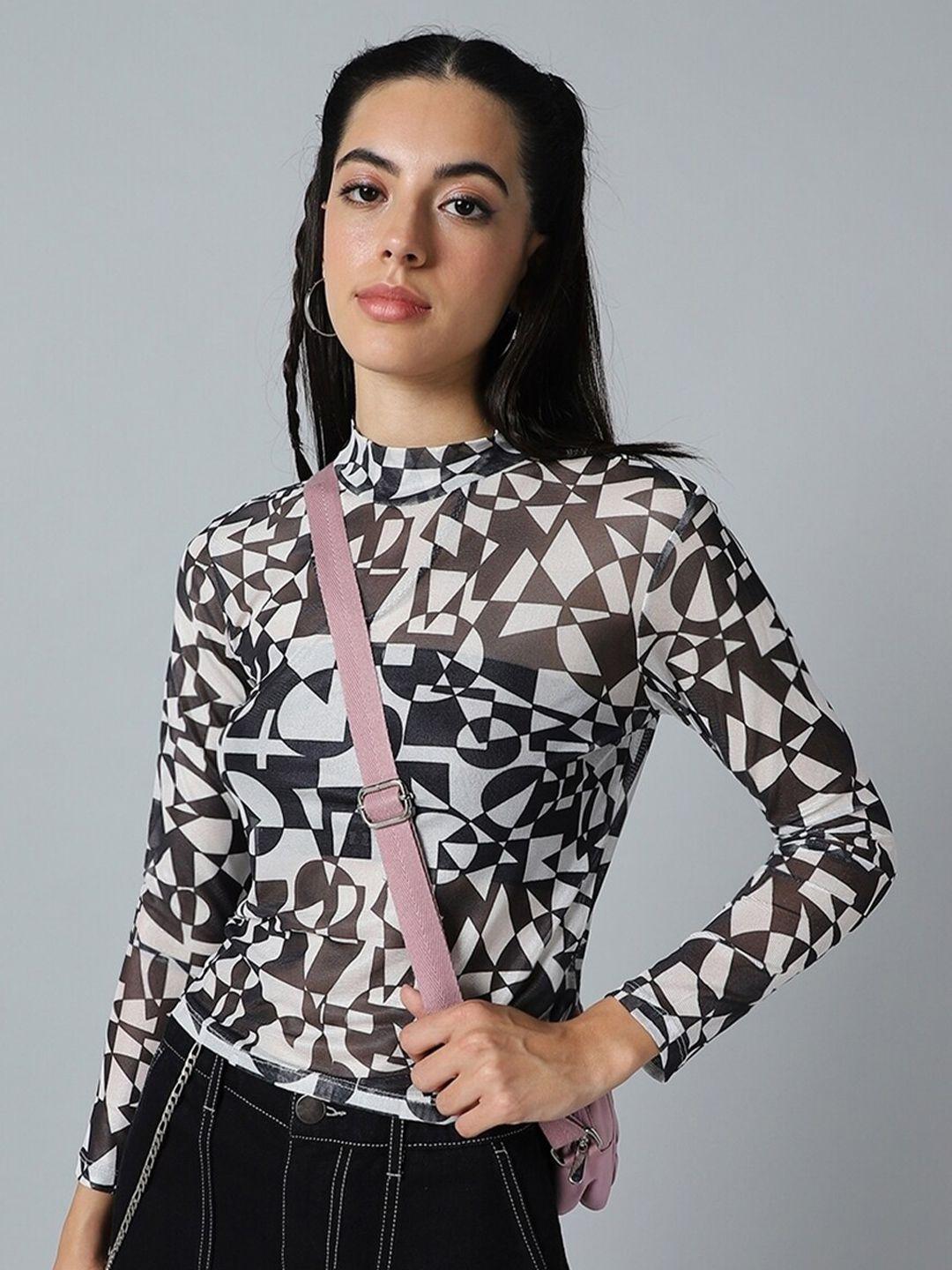 bewakoof air geometric printed high neck sheer top