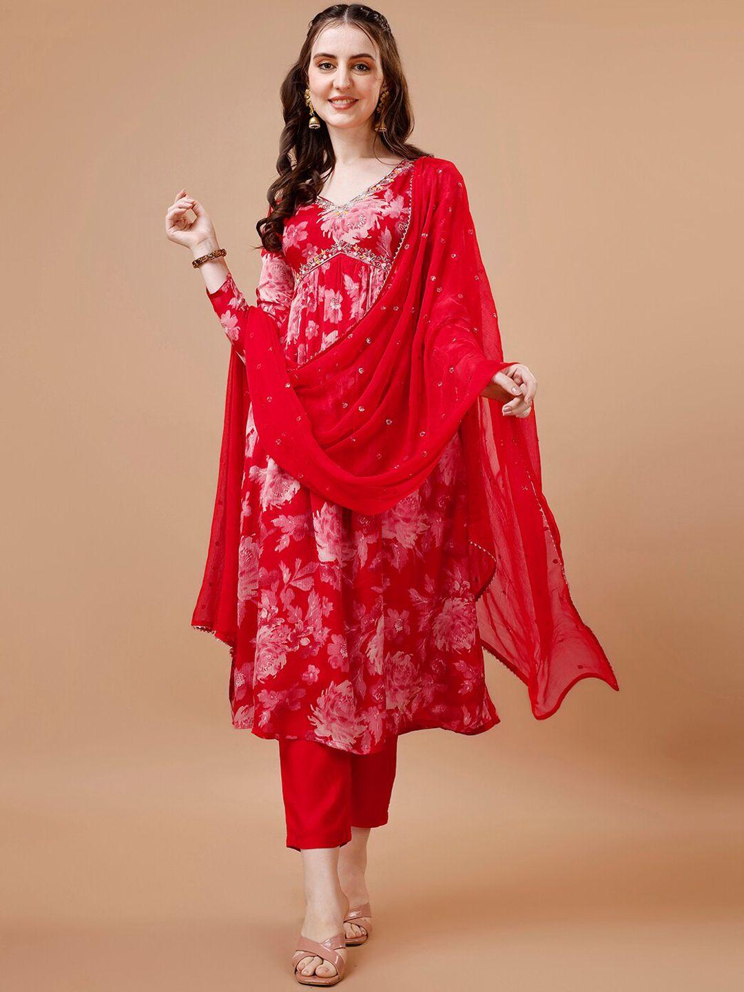 seerat floral printed thread work a-line silk chiffon kurta with trousers & dupatta