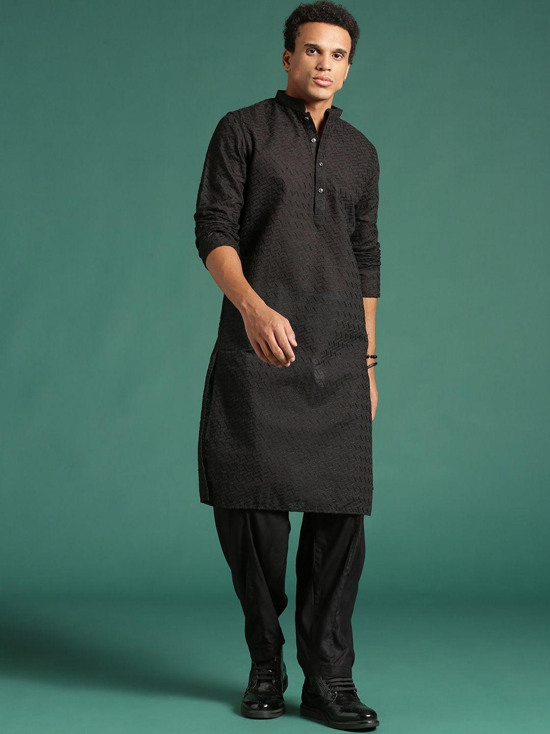 sangria black geometric embroidered cotton mandarin collar chikankari straight kurtas