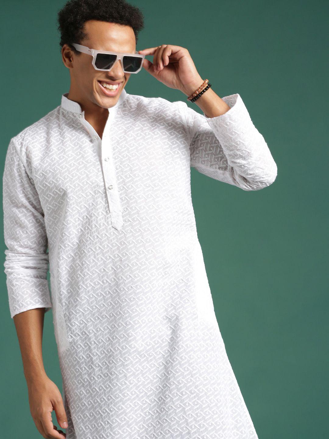 sangria white geometric embroidered cotton mandarin collar chikankari straight kurtas