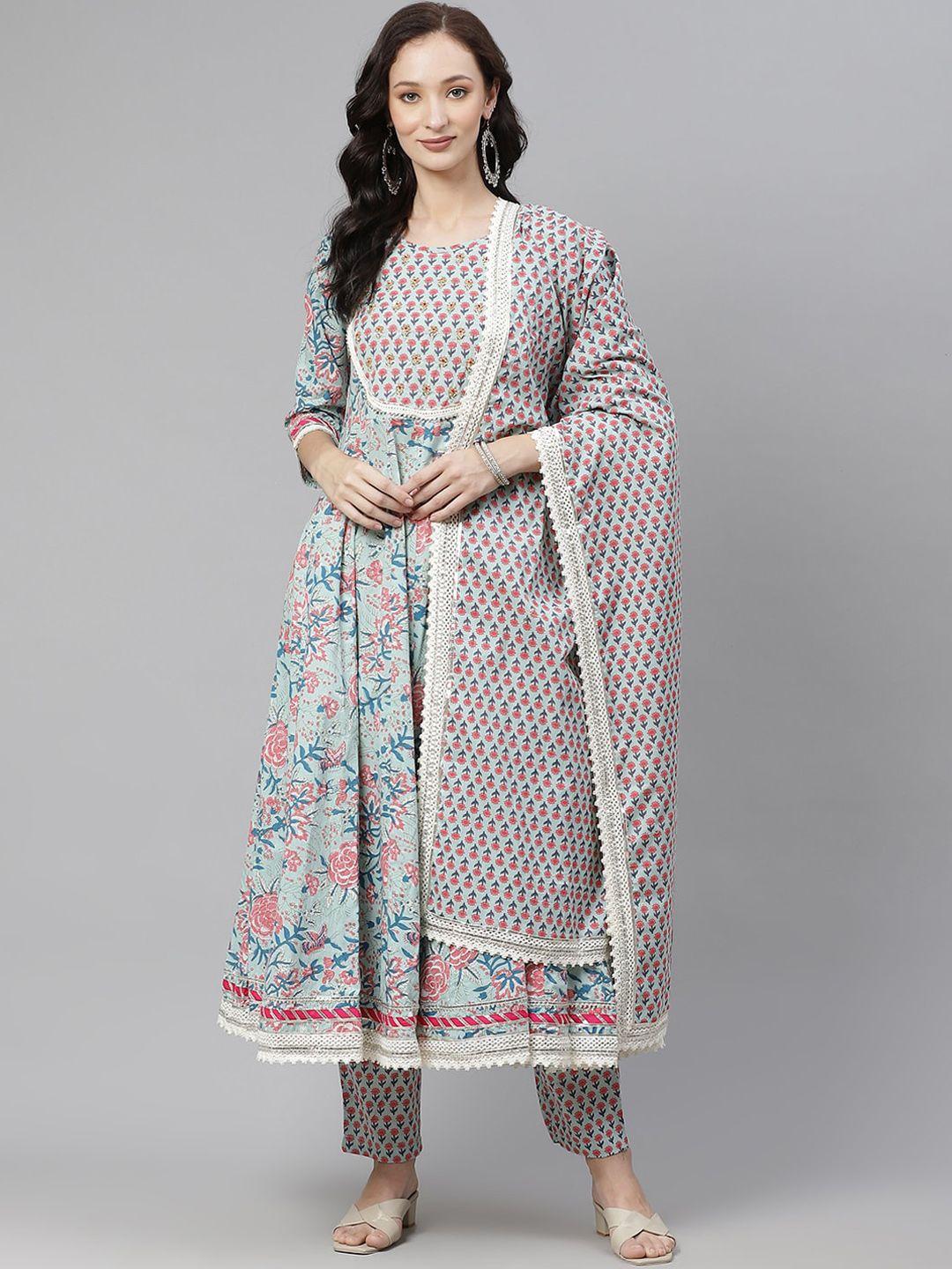 kalini ethnic motifs printed sequinned cotton anarkali kurta & trousers with dupatta