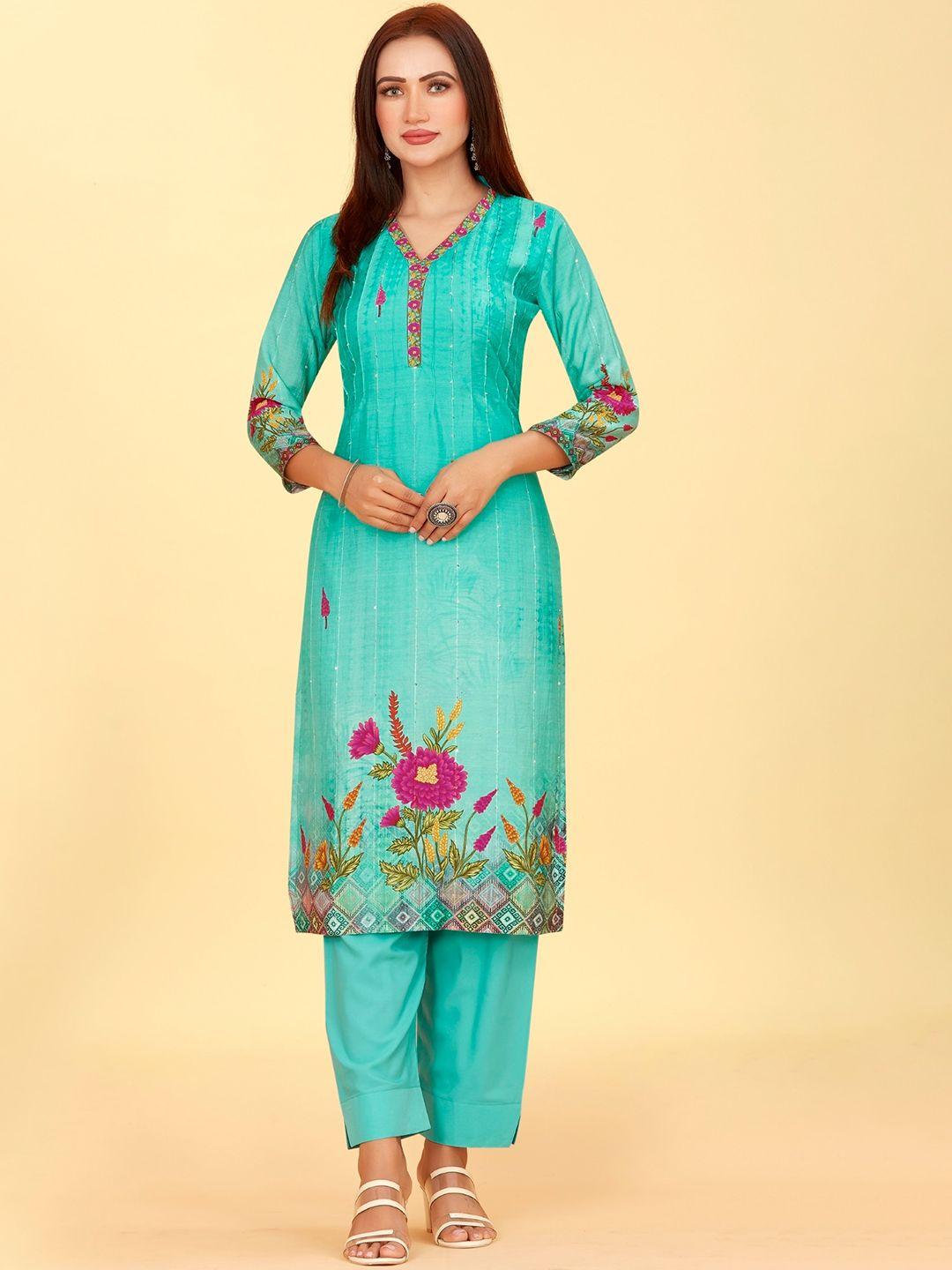 chansi floral printed straight chanderi silk top & trousers with dupatta