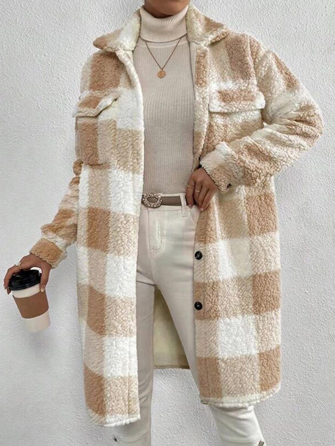 stylecast beige-coloured checked spread collar longline overcoat