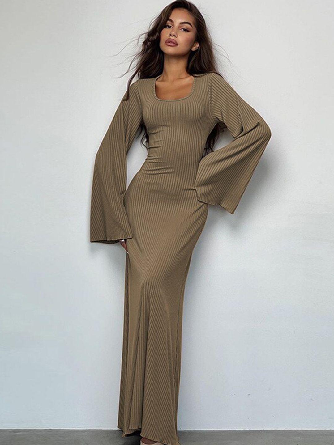 stylecast khaki striped flared sleeves tie-ups detail maxi dress