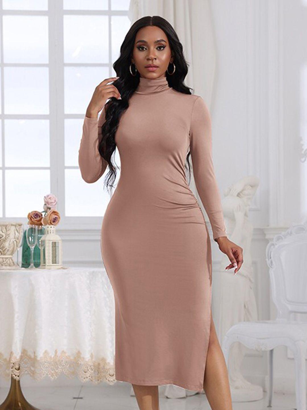 stylecast beige mock neck bodycon midi dress