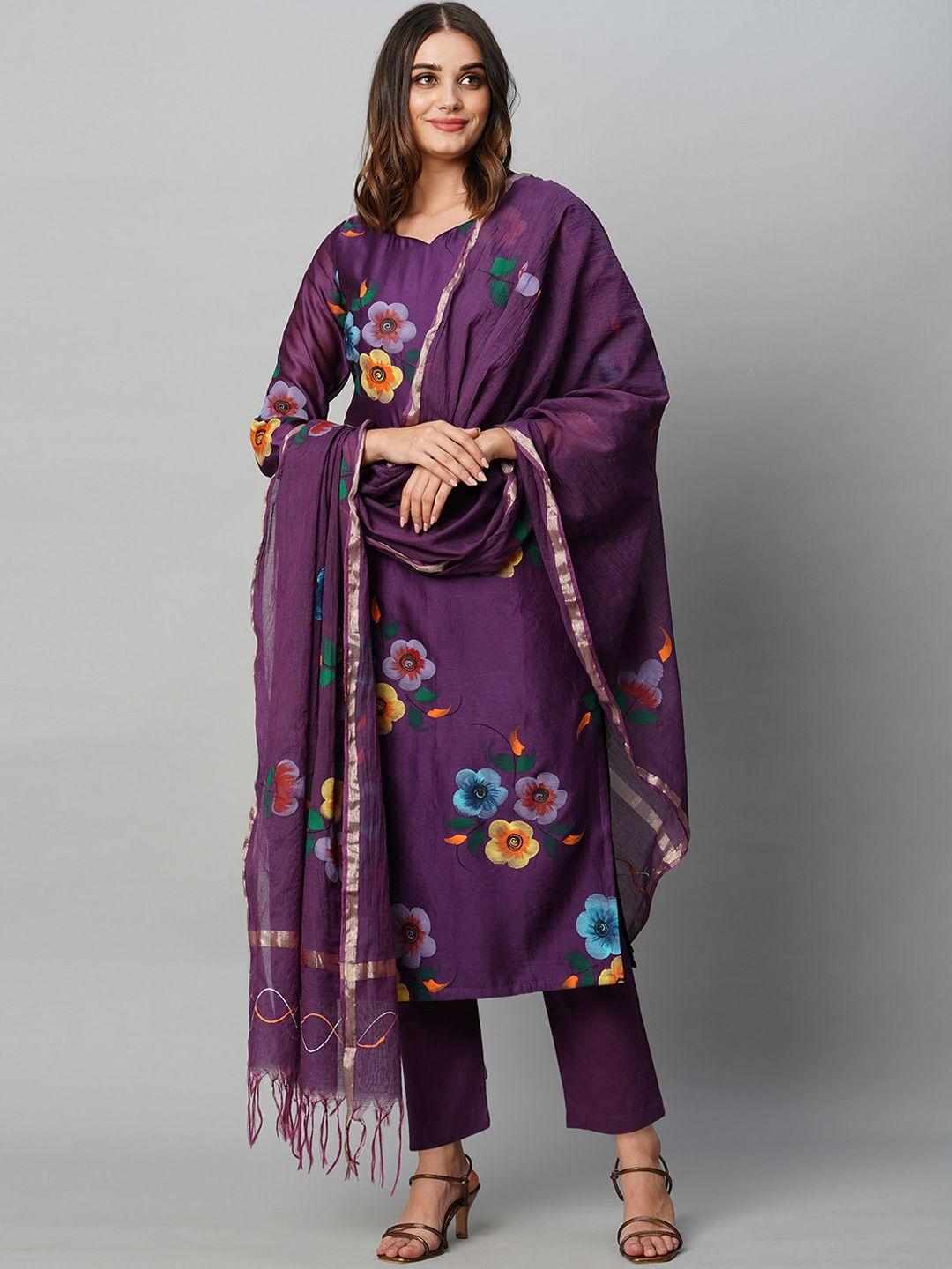 kalini women violet regular kurta with trousers & with dupatta