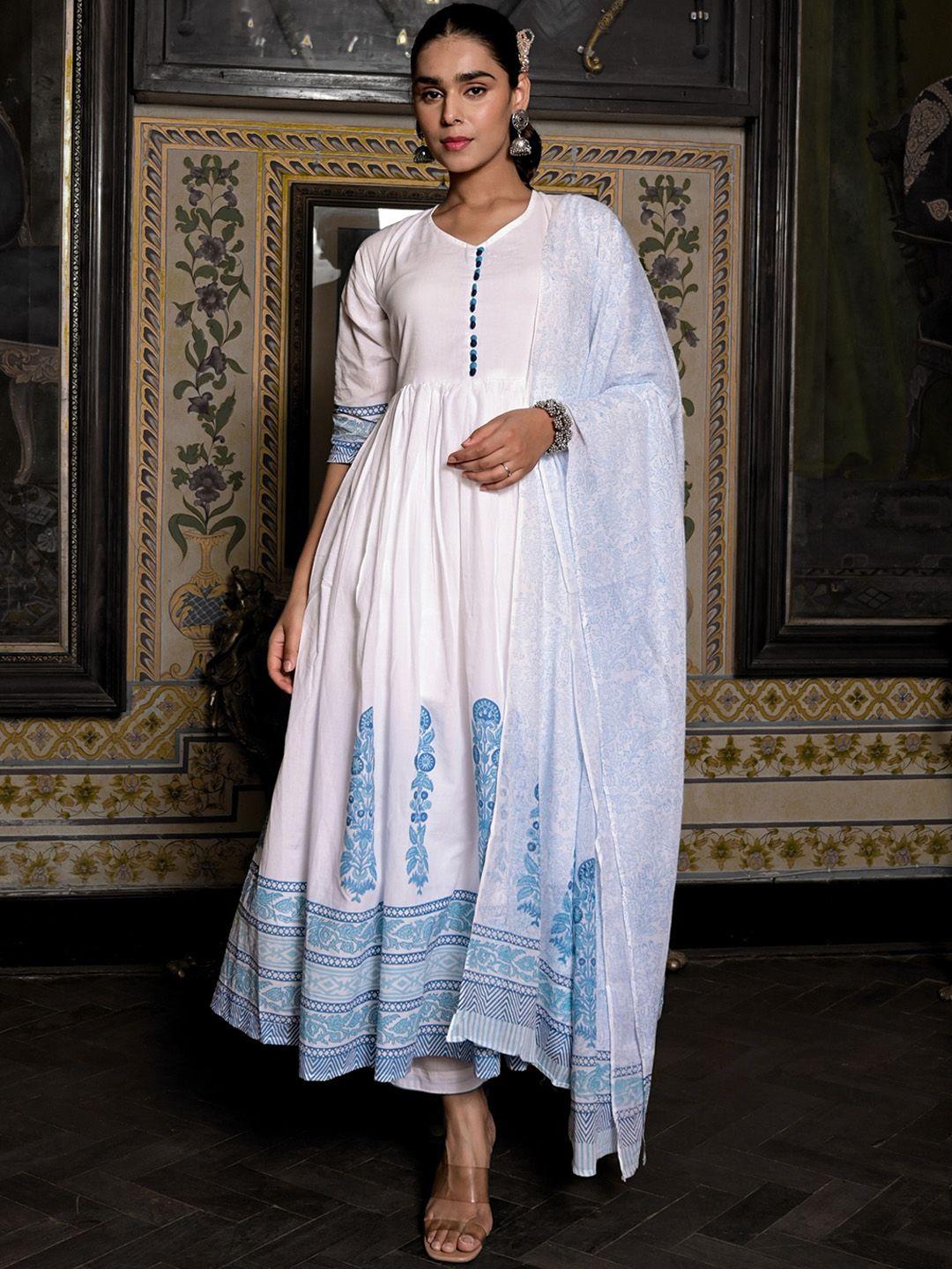 the kapas floral block printed anarkali pure cotton kurta with trousers & dupatta