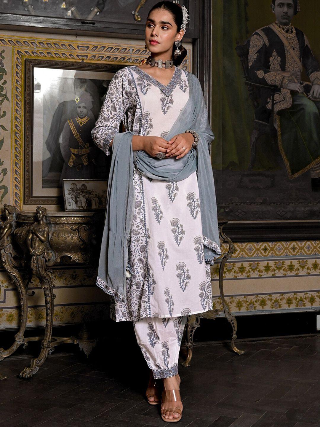 the kapas floral printed panelled pure cotton kurta with salwar & dupatta