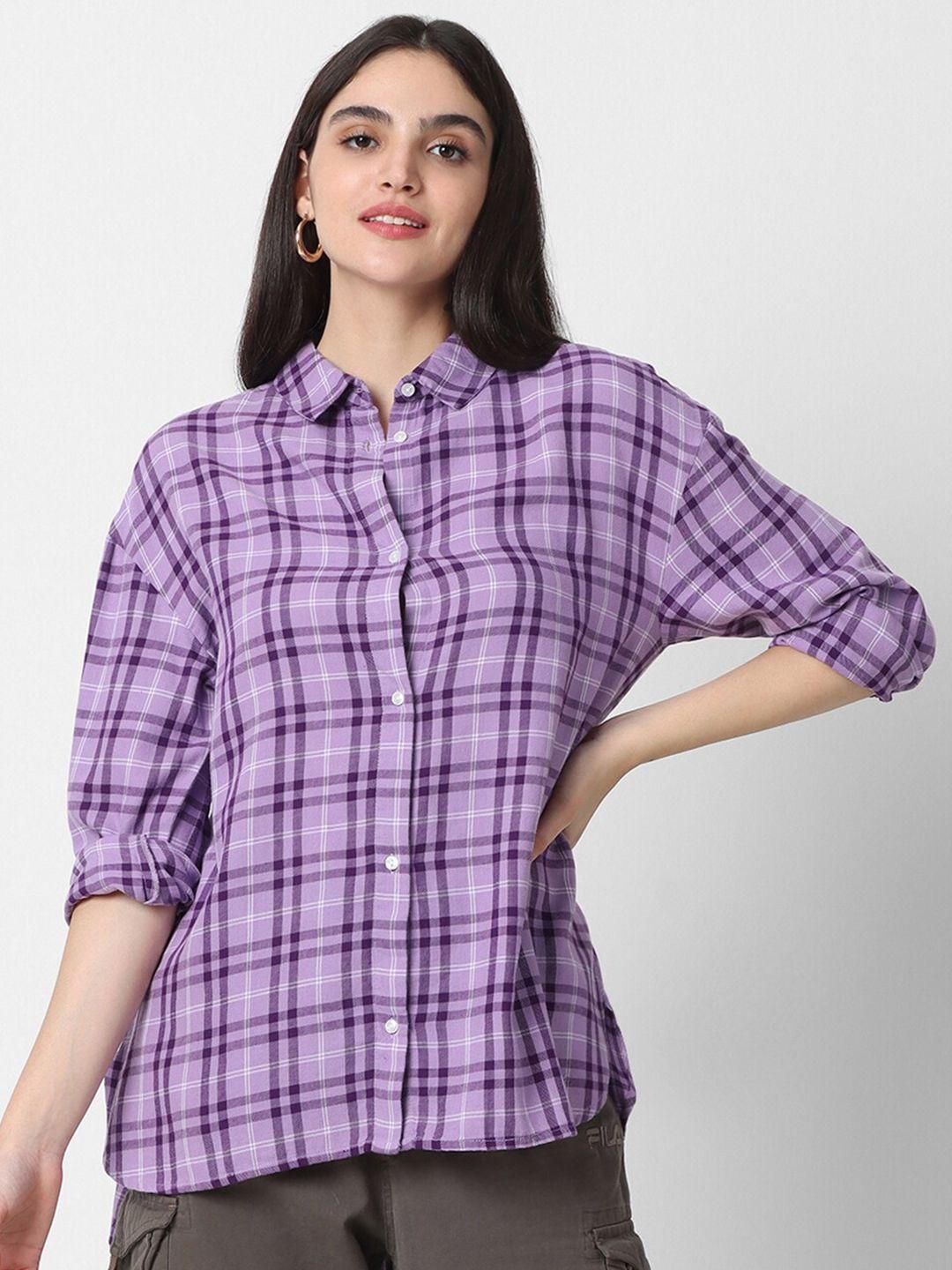 vastrado women purple classic windowpane checks checked casual shirt