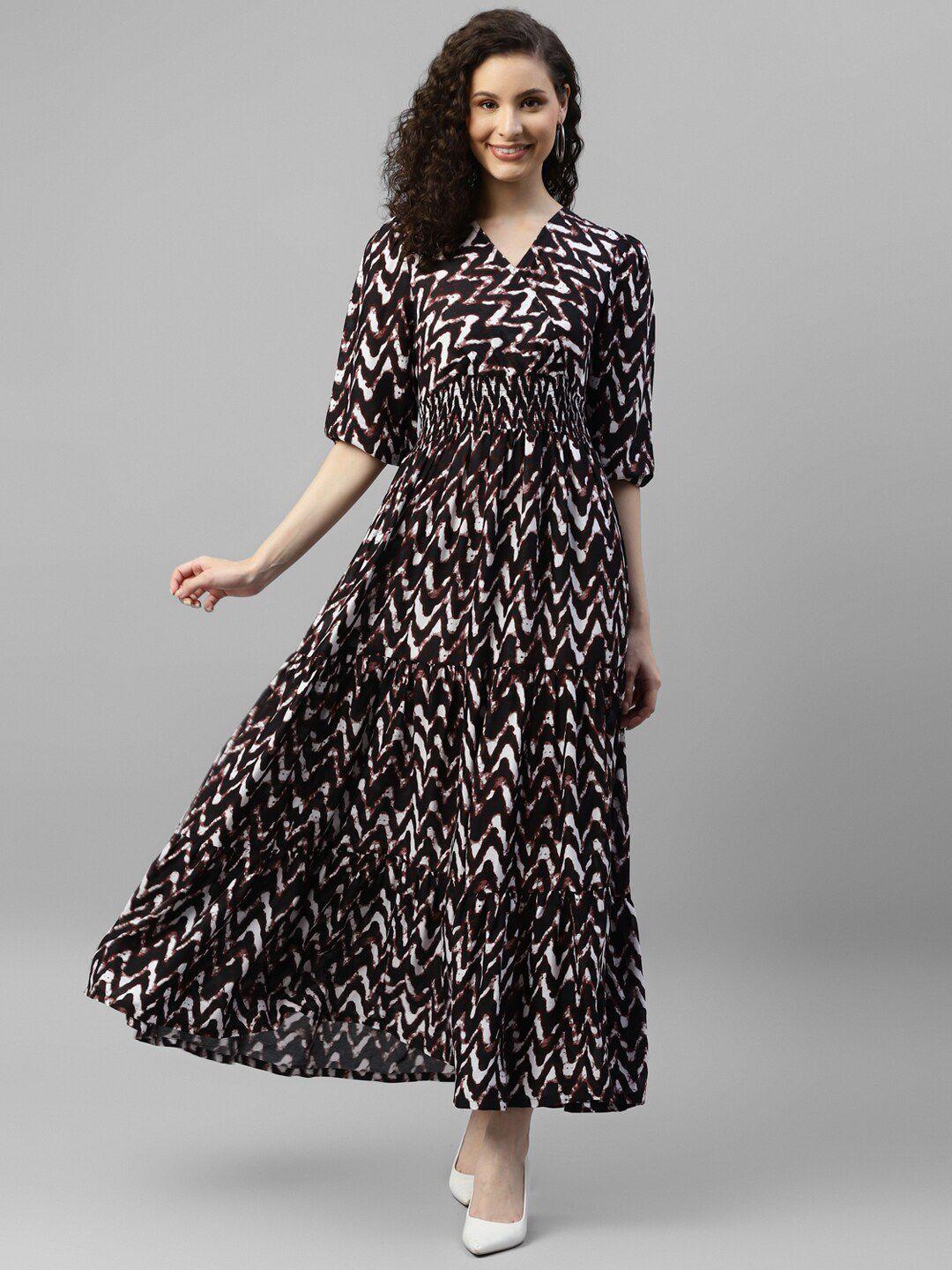 deebaco chevron printed smocked puff sleeve fit & flare maxi dress