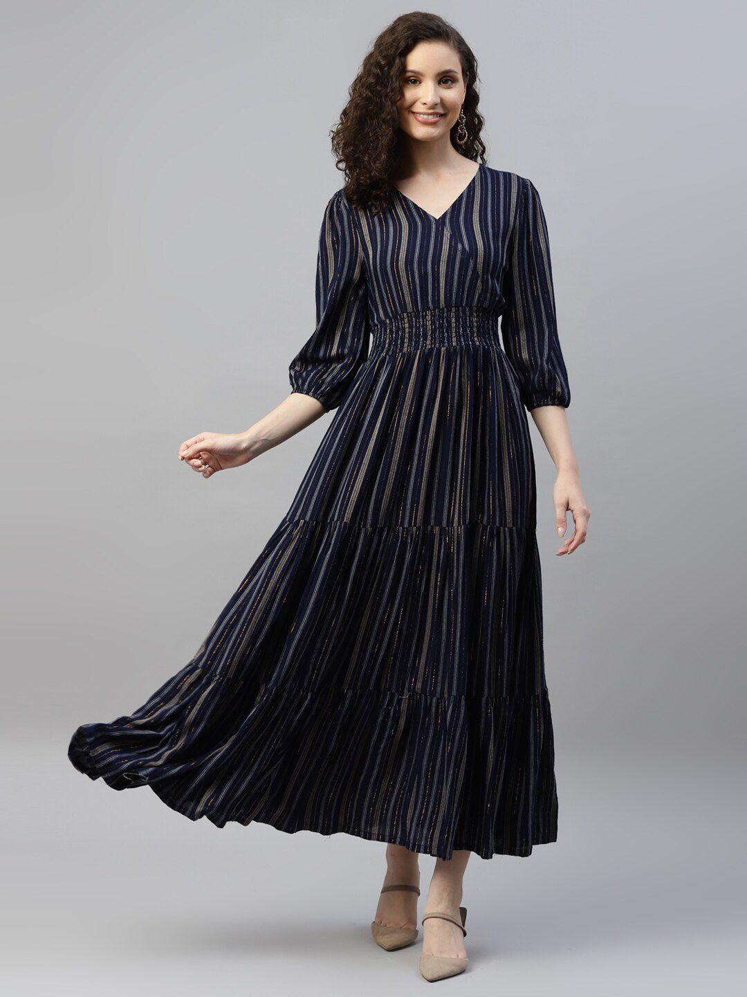 deebaco striped v-neck puff sleeve fit & flare maxi dress