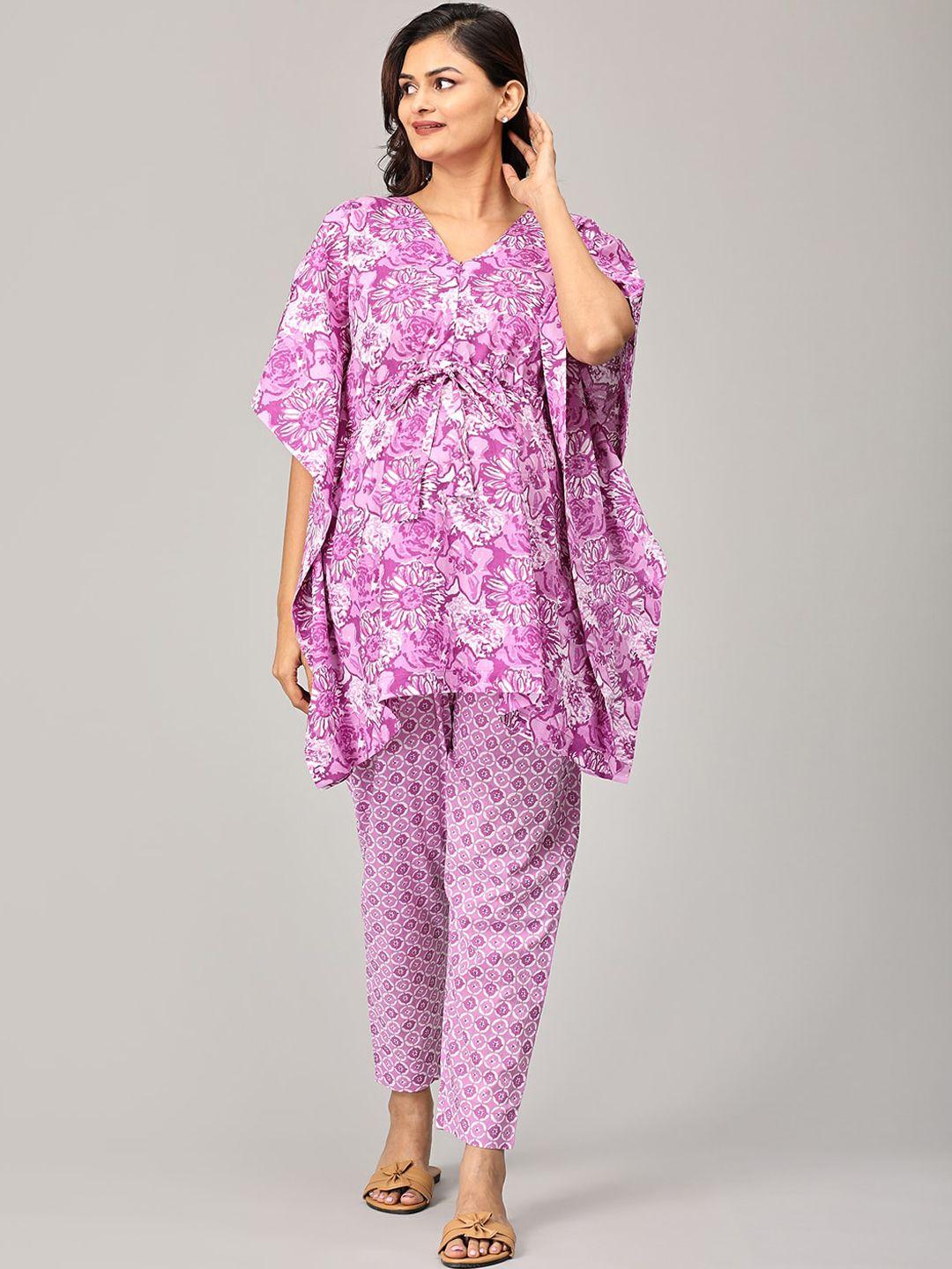 the mom store printed pure cotton maternity & nursing kaftan top with trousers co-ords