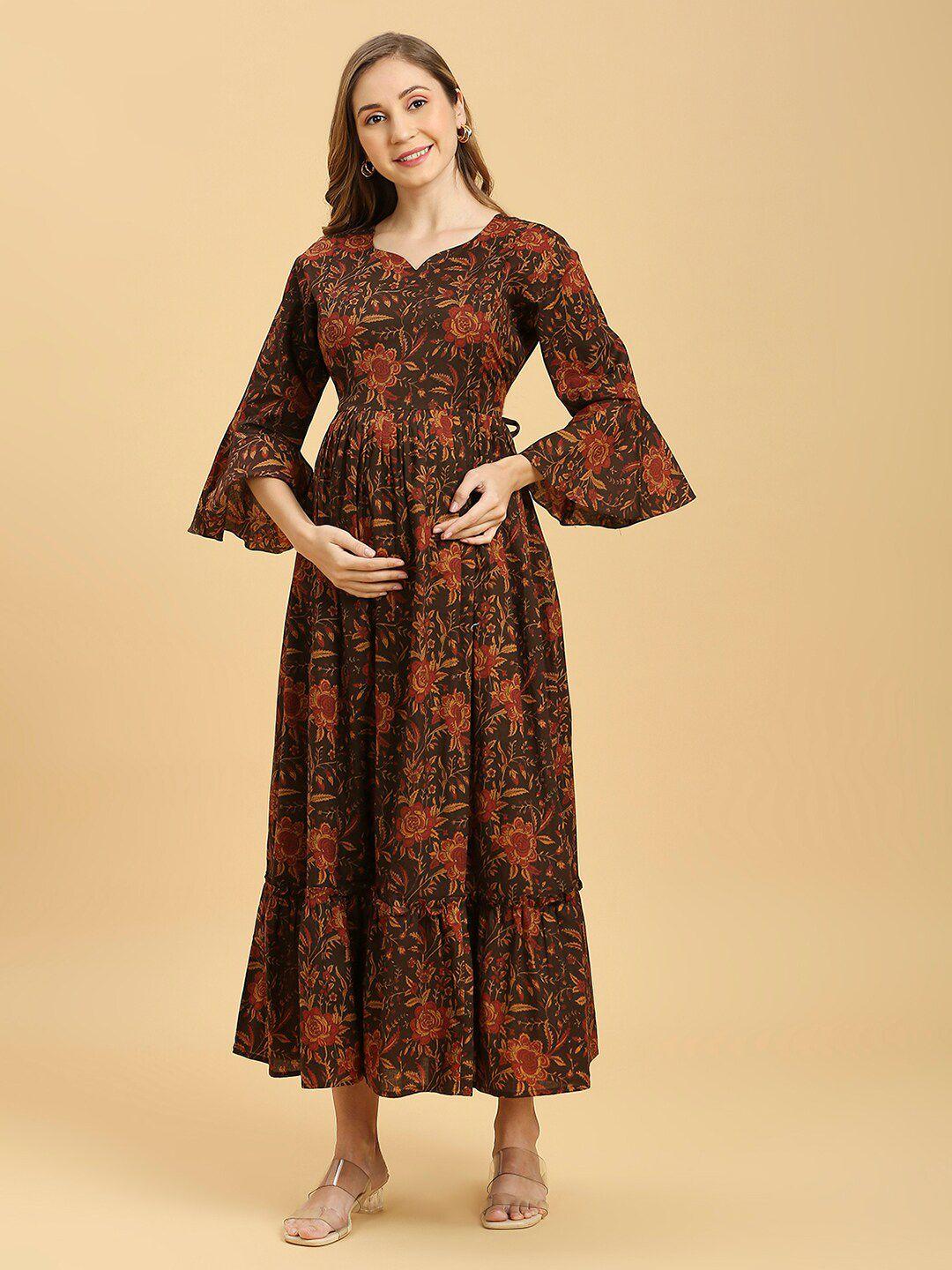 aanyor maternity floral printed bell sleeves maxi pure cotton fit & flare dress